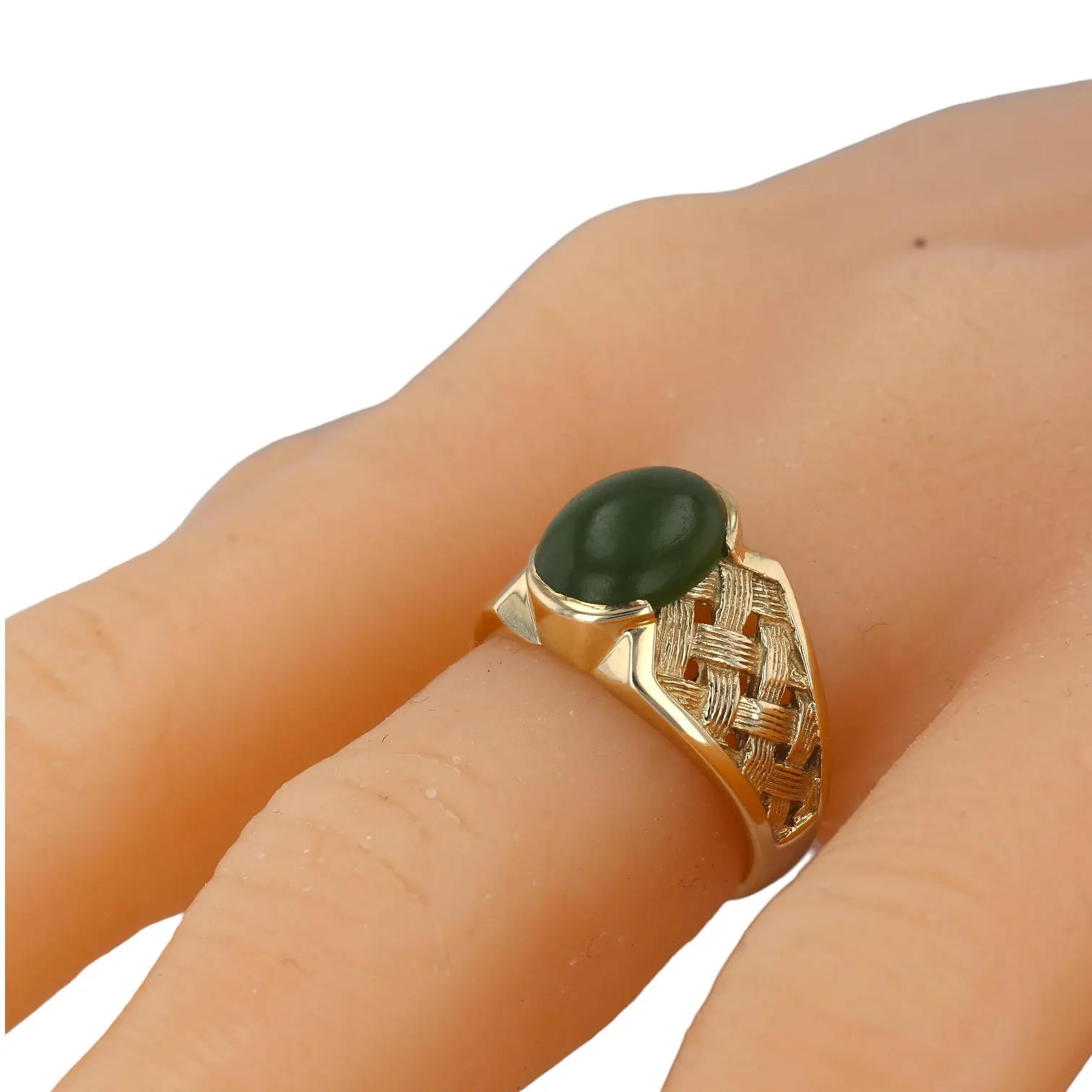 10K yellow gold oval green jade texture ring-29667