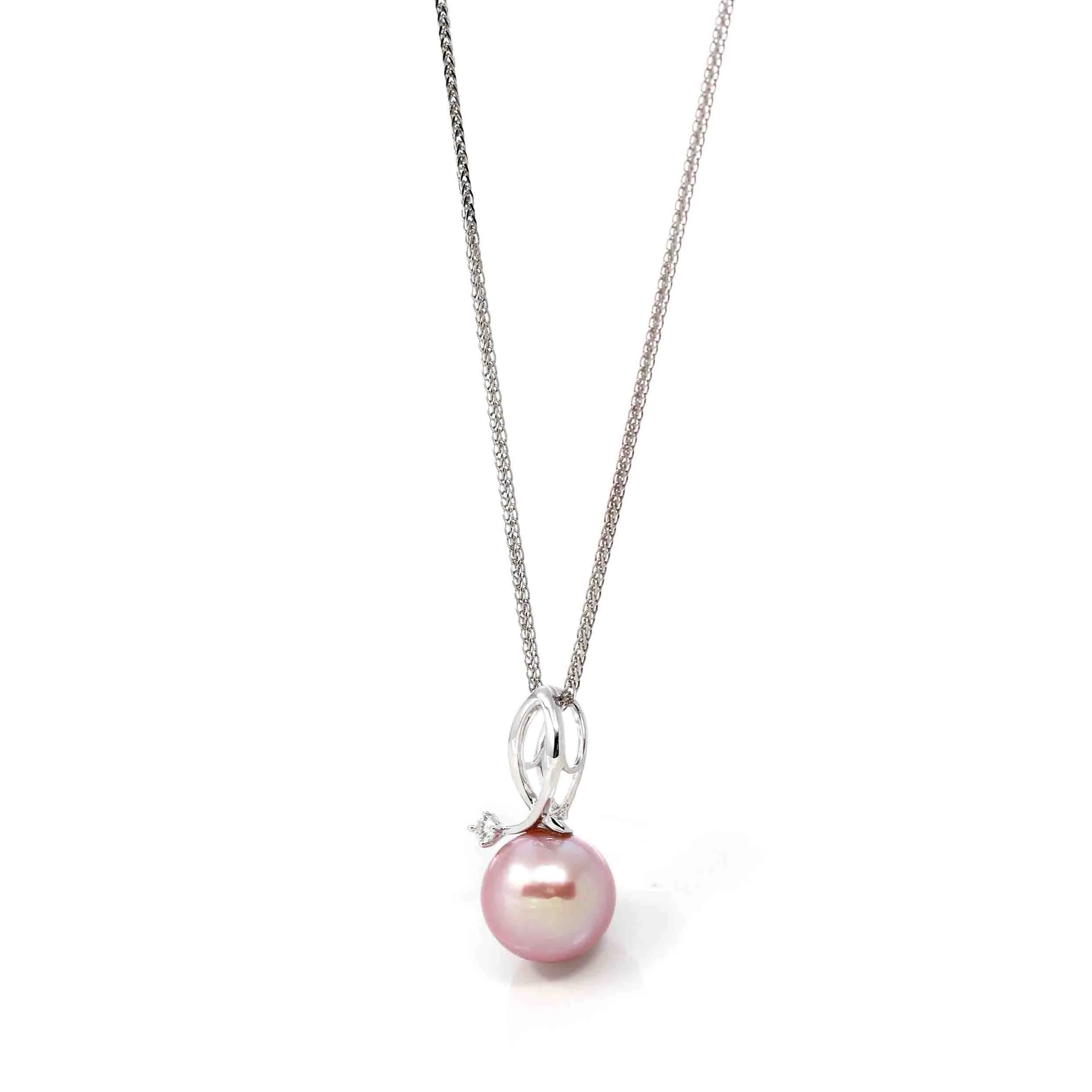 14k White Gold Culture Pink Pearl & Diamond Pendant Necklace