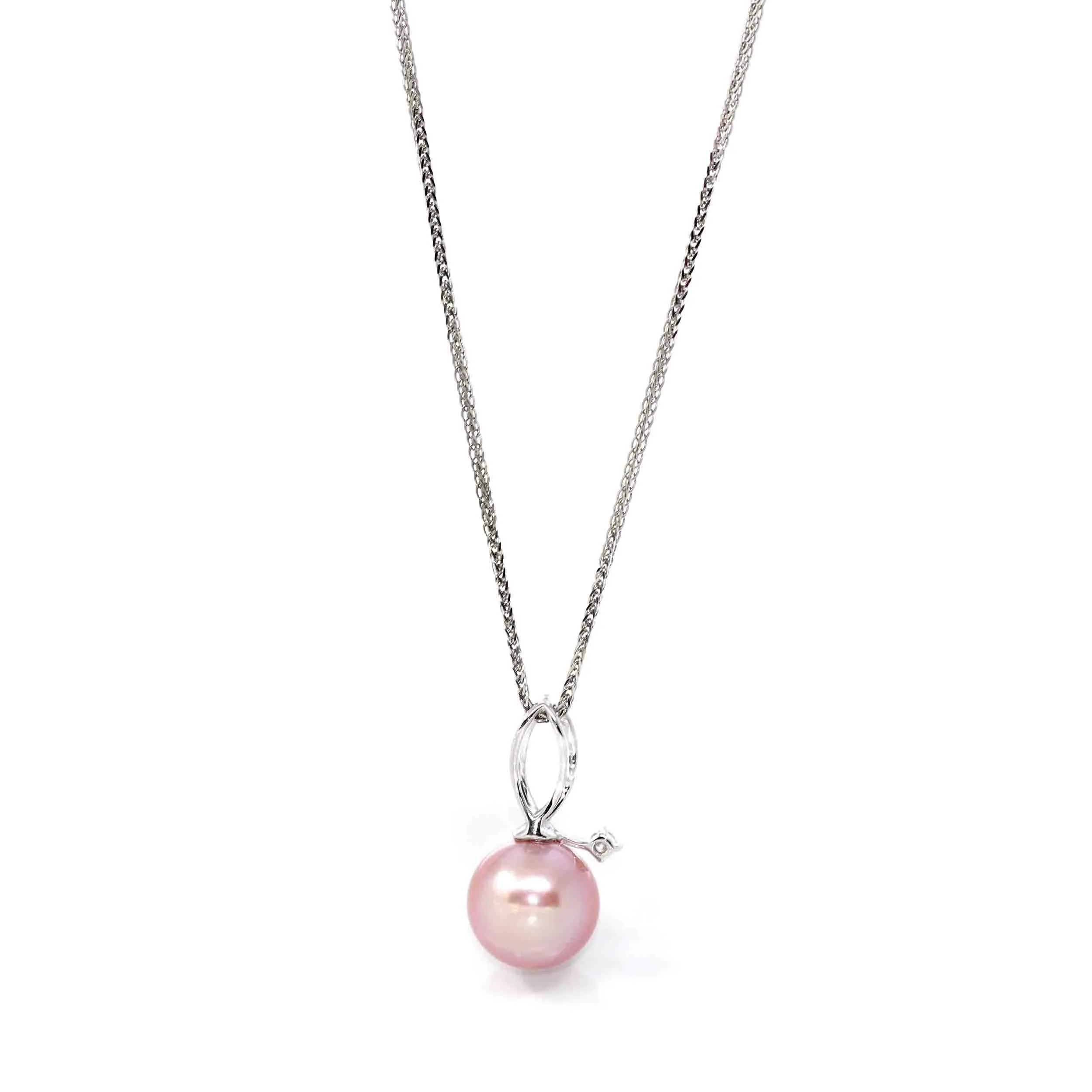 14k White Gold Culture Pink Pearl & Diamond Pendant Necklace