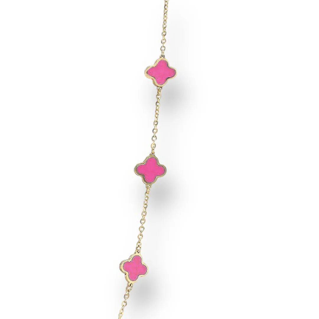 14K Yellow gold pink enamel clover choker-9091