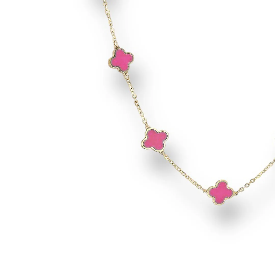 14K Yellow gold pink enamel clover choker-9091