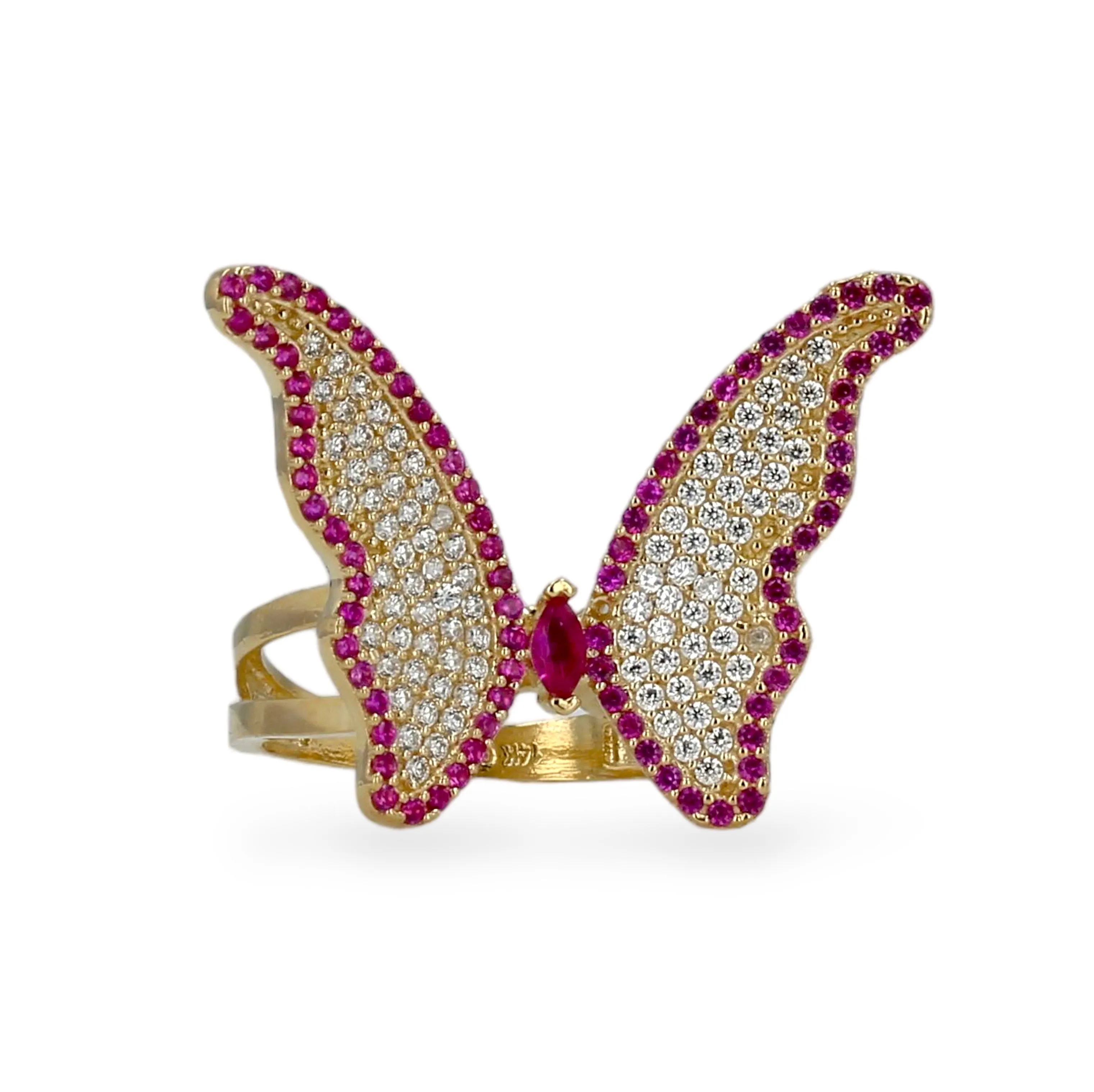 14K Yellow gold red butterfly ring