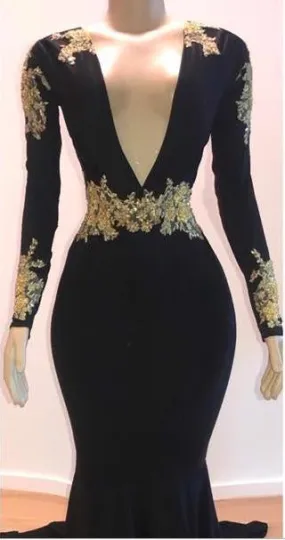 2024 Black Mermaid/Trumpet Long Sleeve V Neck Applique Elastic Satin Prom Dresses