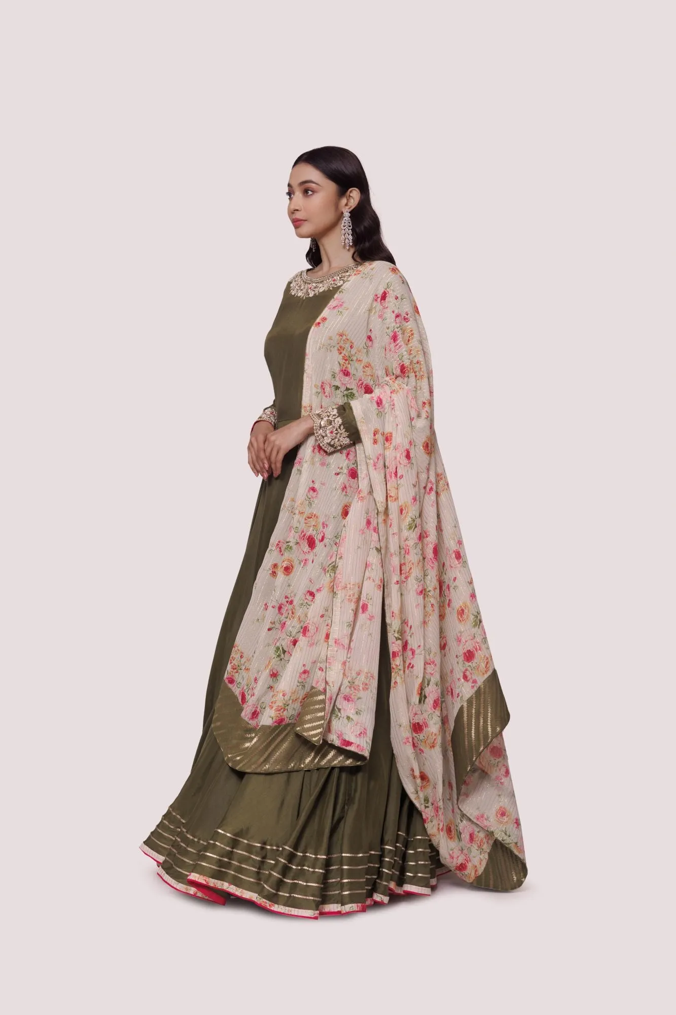 50Z957-RO Olive Green Muslin Anarkali Suit with Georgette Dupatta