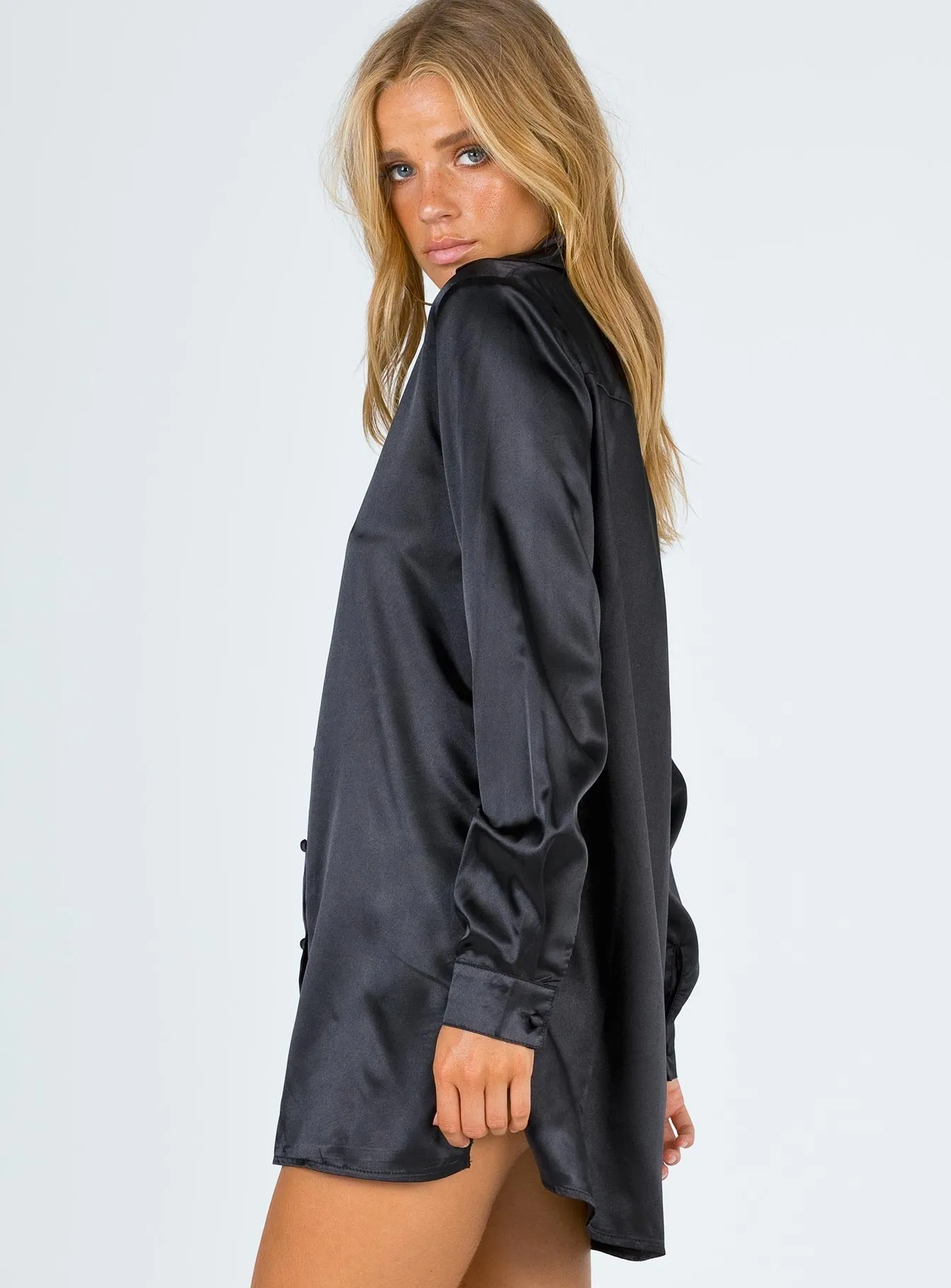 90210 Satin Shirt Mini Dress Black