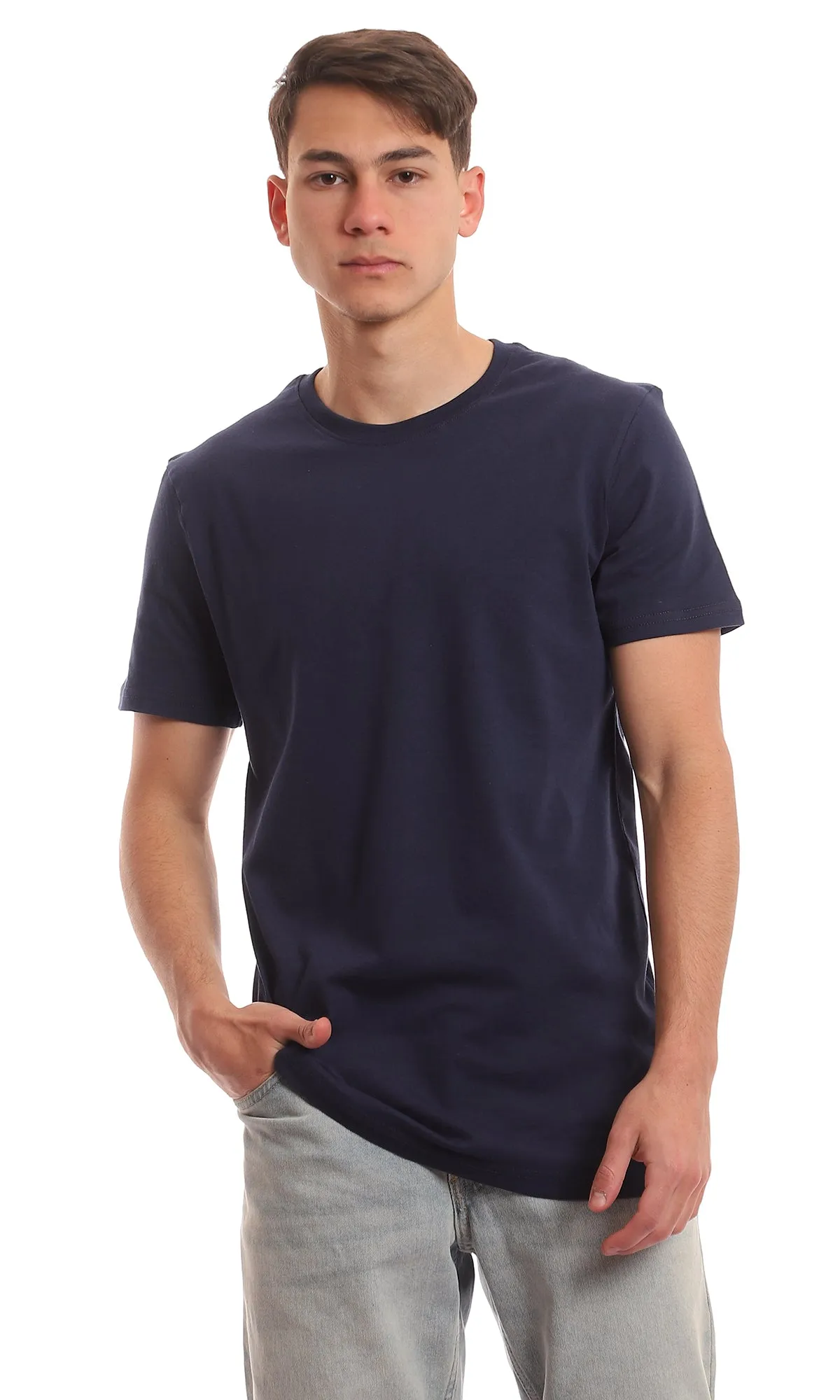 97691 Basic Round Plain Navy Blue Summer T-Shirt