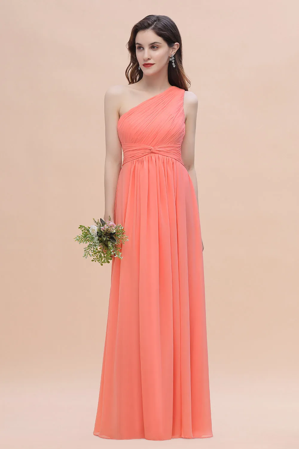 A-Line One Shoulder Chiffon Bridesmaid Dress Pretty Long Wedding Guest Dress