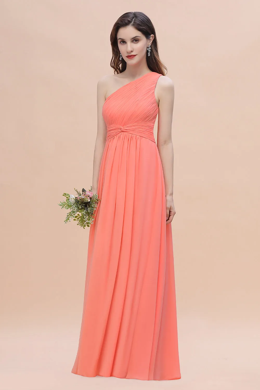 A-Line One Shoulder Chiffon Bridesmaid Dress Pretty Long Wedding Guest Dress