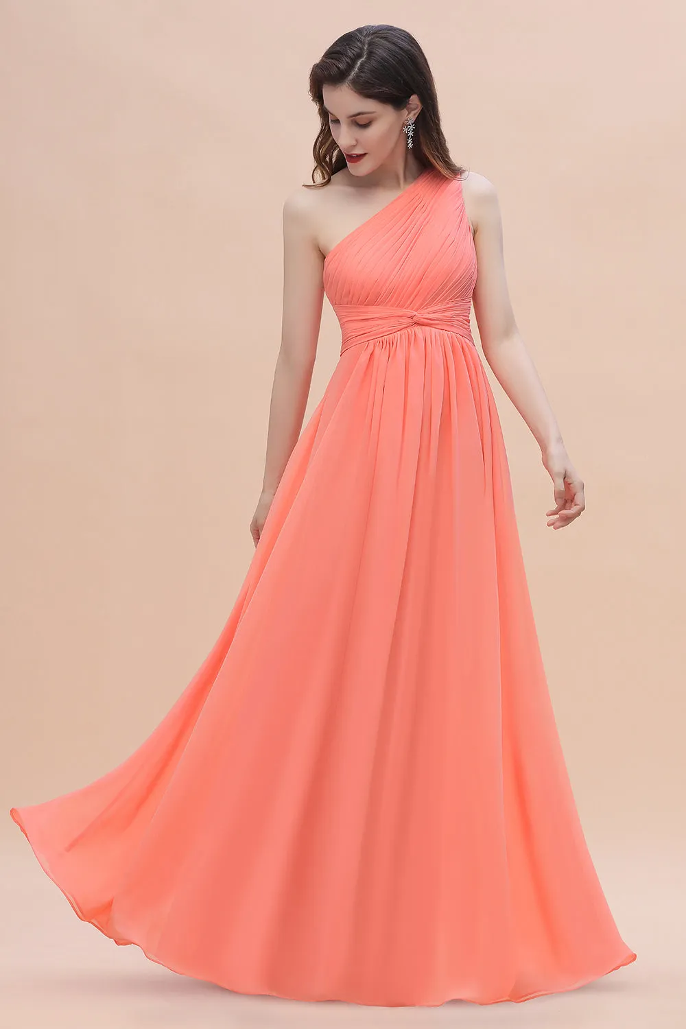 A-Line One Shoulder Chiffon Bridesmaid Dress Pretty Long Wedding Guest Dress