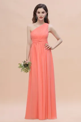 A-Line One Shoulder Chiffon Bridesmaid Dress Pretty Long Wedding Guest Dress