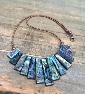 Abalone Bib Statement Necklace with Copper Czech Glass Seed Beads