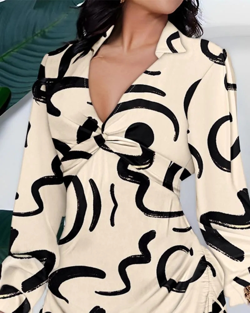 Abstract Print Side Drawstring Twisted Shirt Dress