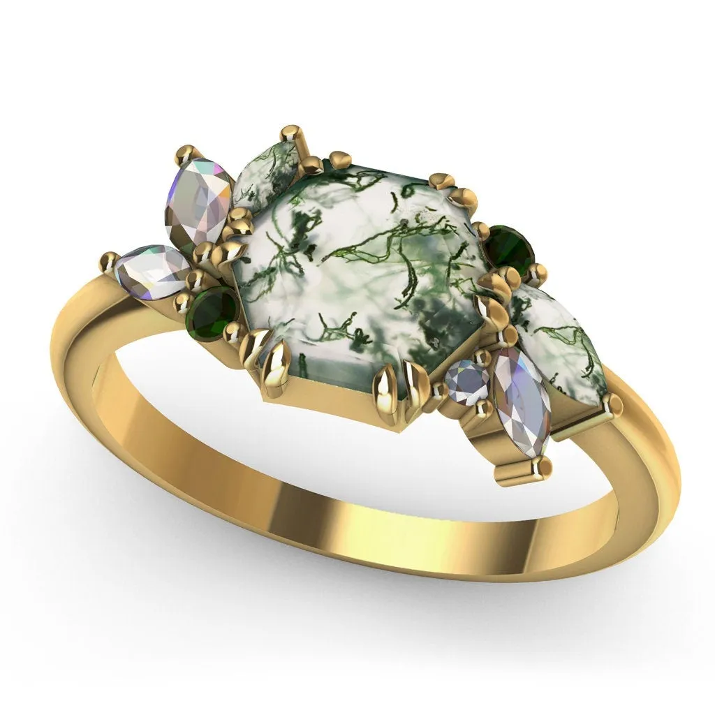 Addison Hexagon Moss Agate Ring With Accent Stones