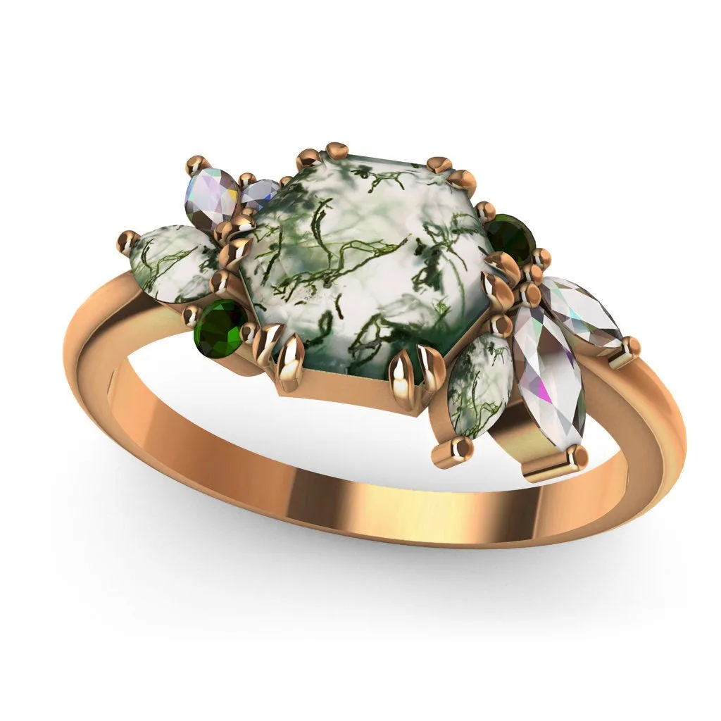 Addison Hexagon Moss Agate Ring With Accent Stones