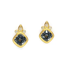 AF Jewelers - Gemstone Collection - Crown Bezel Set Studs with Grey Spinel and Diamonds, 18k Yellow Gold