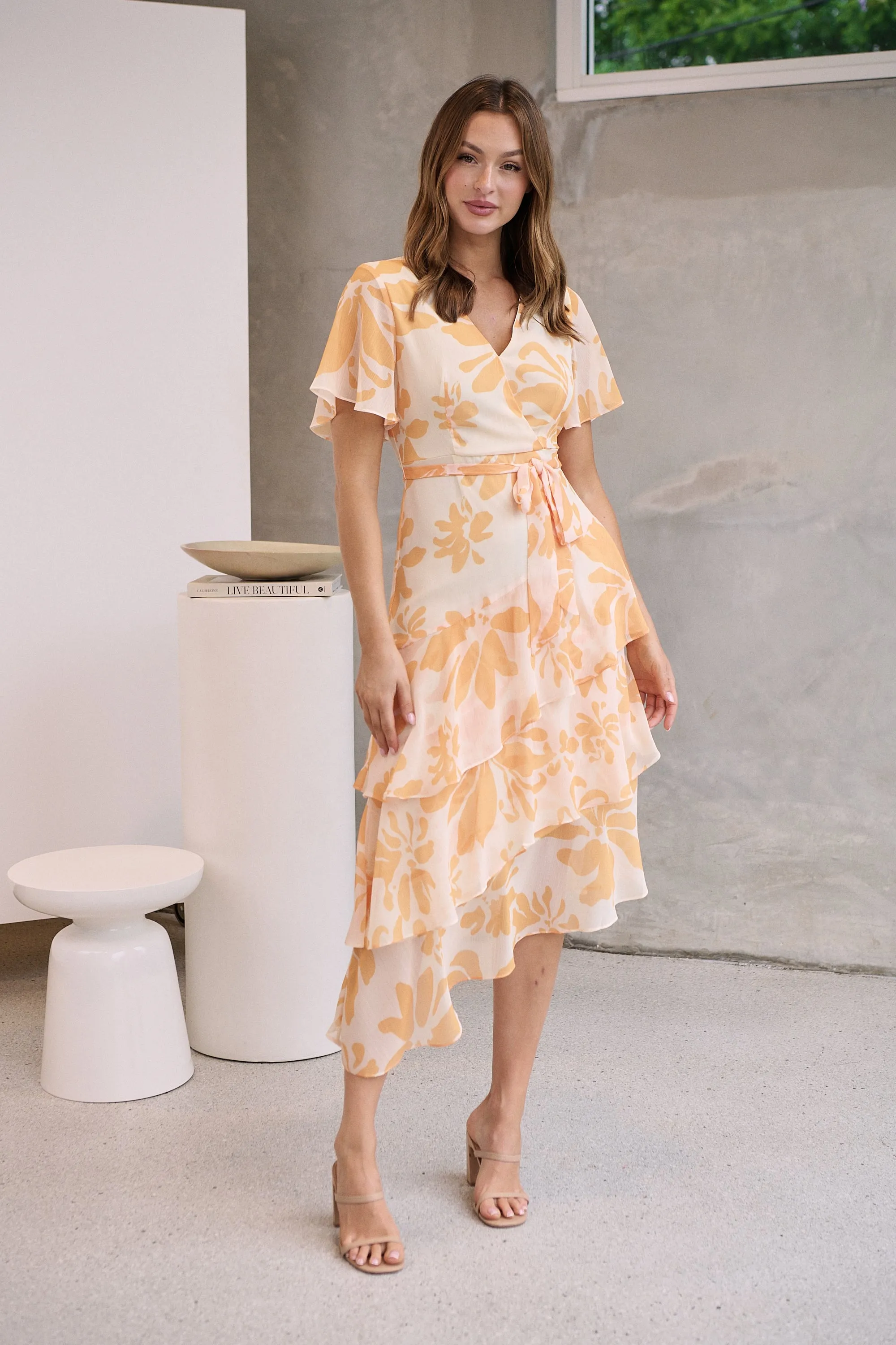 Aida Honey/Yellow Floral Print Frill Evening Dress