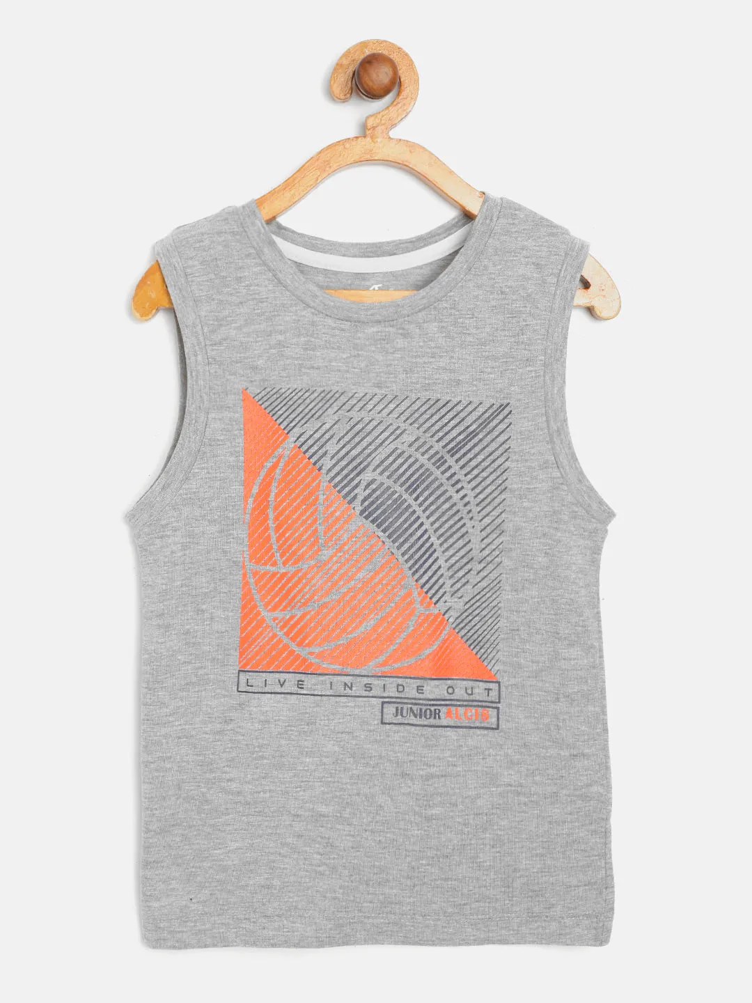 Alcis Boys Grey Melange & Navy Blue Baseball Print Sleeveless T-shirt