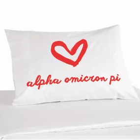 Alpha Omicron Pi Sorority Name with Heart Design on Printed Pillowcase