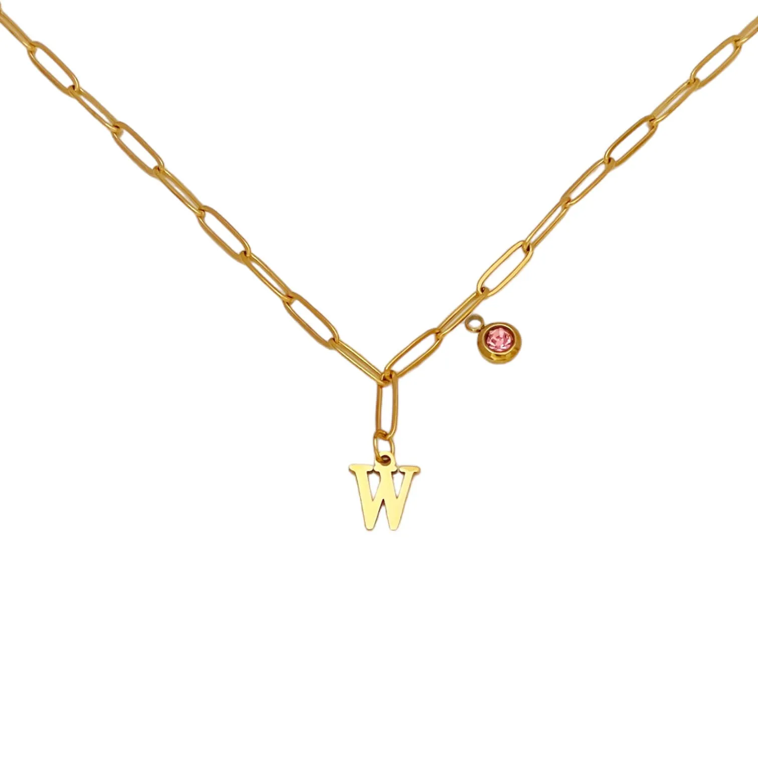 Alphabet Birthstone Paperclip Necklace Gold (V-Z)