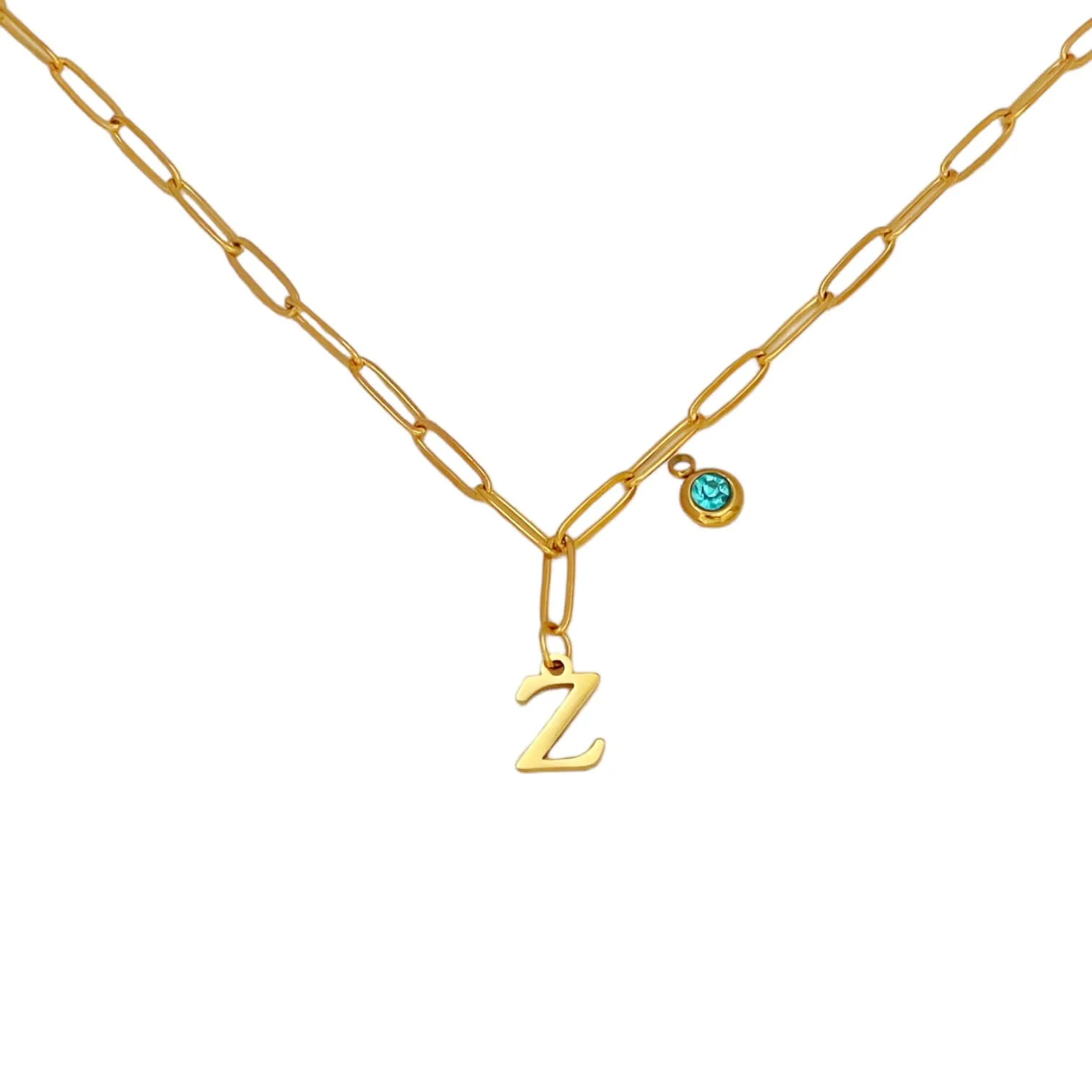 Alphabet Birthstone Paperclip Necklace Gold (V-Z)