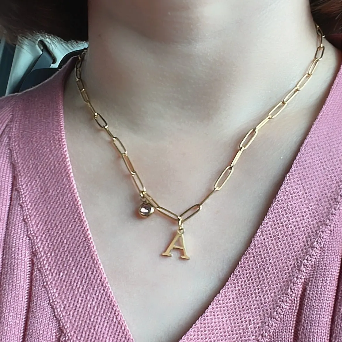 Alphabet Birthstone Paperclip Necklace Gold (V-Z)