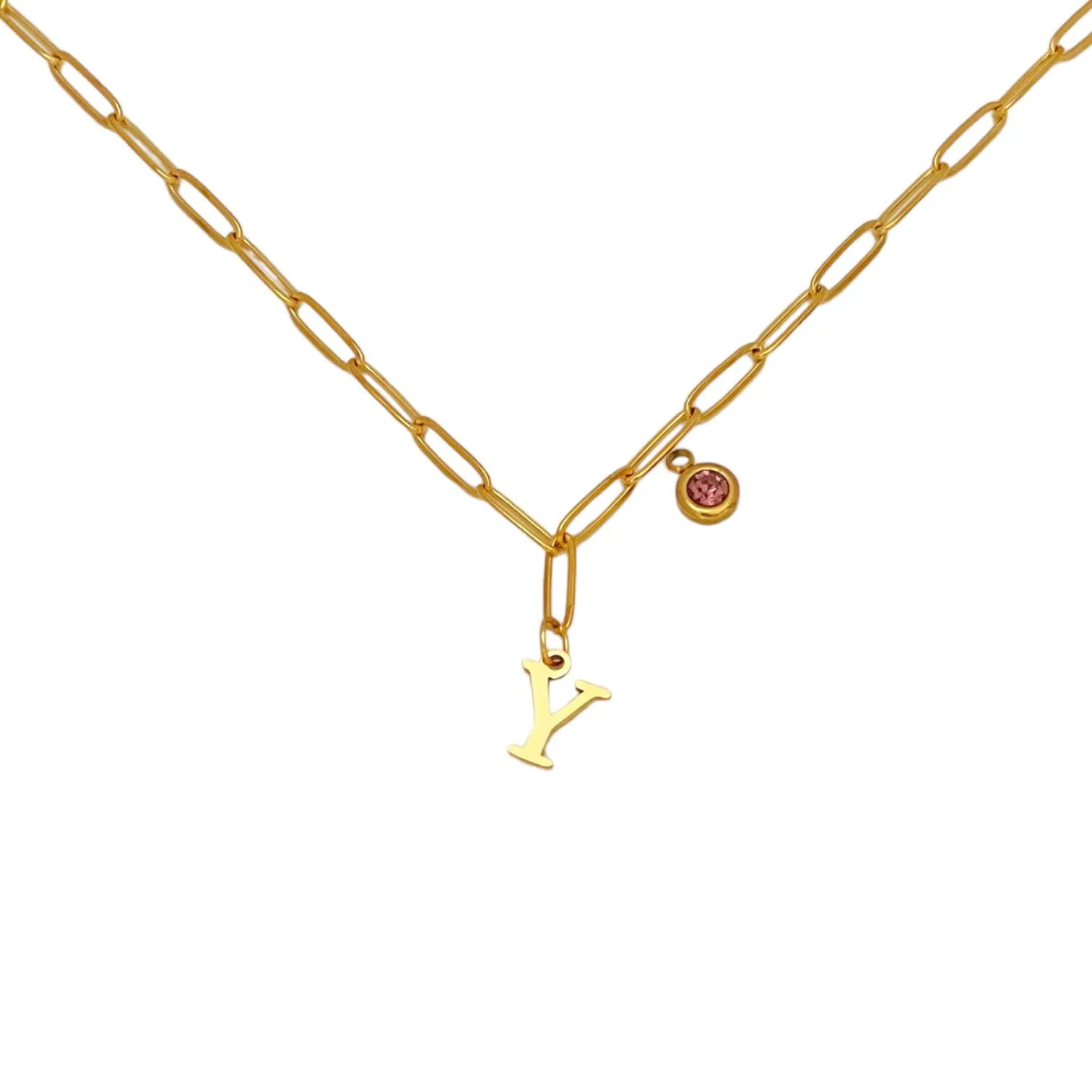 Alphabet Birthstone Paperclip Necklace Gold (V-Z)