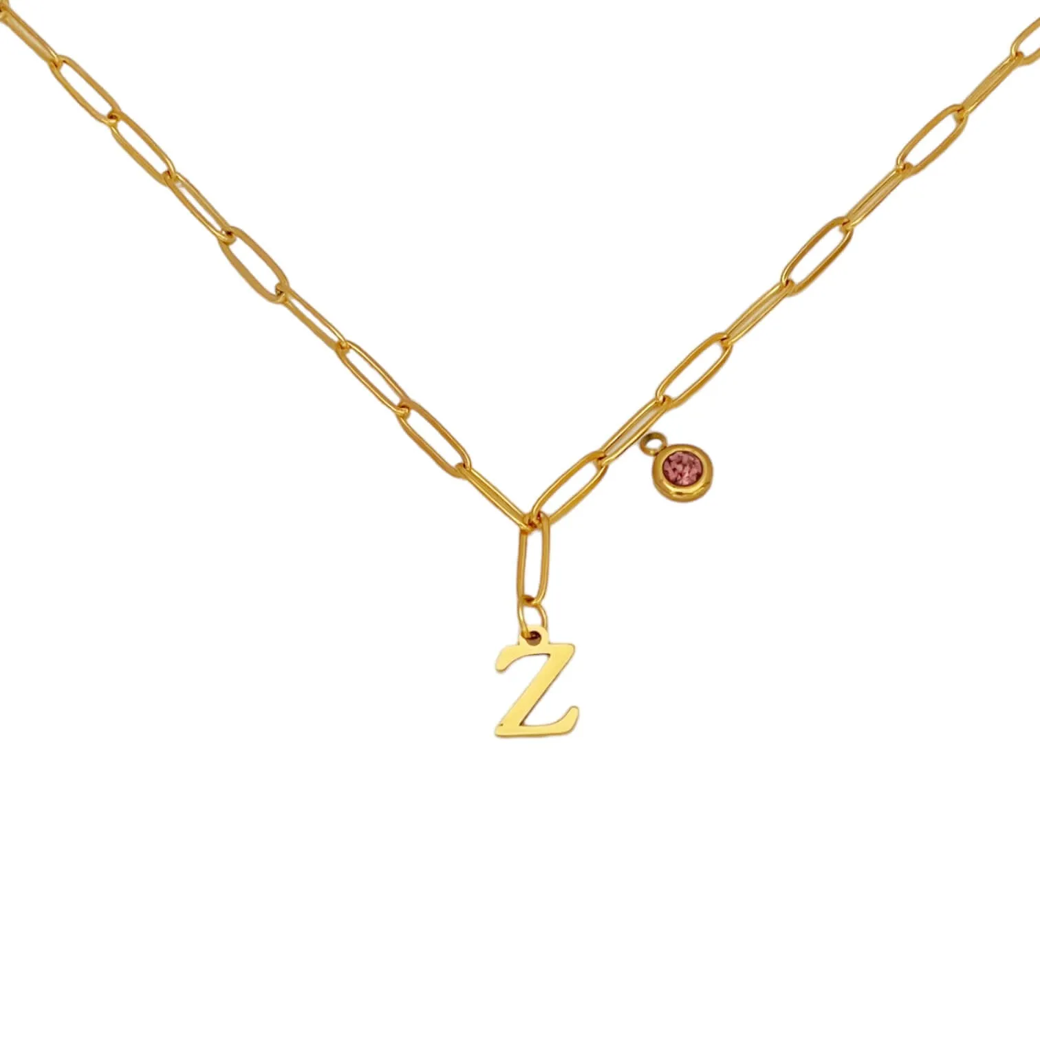 Alphabet Birthstone Paperclip Necklace Gold (V-Z)