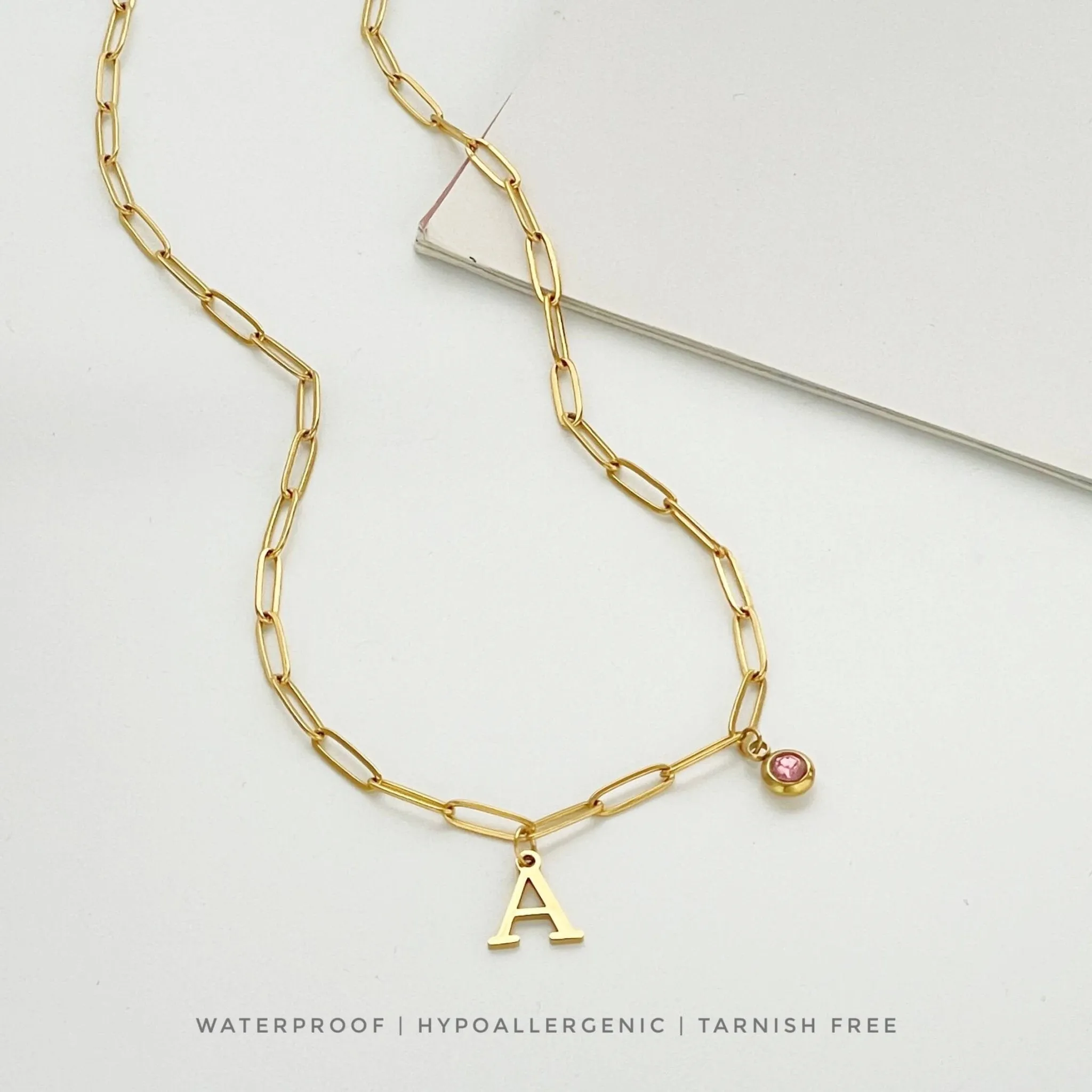 Alphabet Birthstone Paperclip Necklace Gold (V-Z)