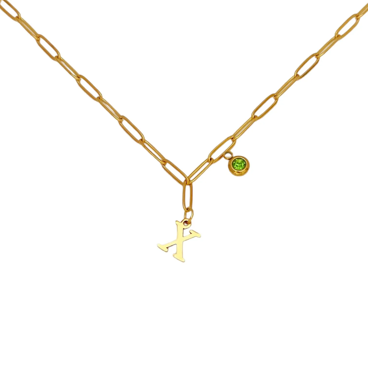 Alphabet Birthstone Paperclip Necklace Gold (V-Z)