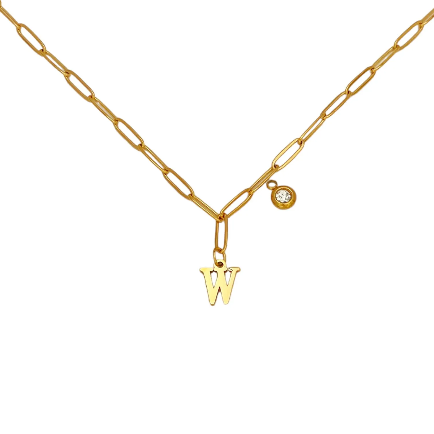 Alphabet Birthstone Paperclip Necklace Gold (V-Z)