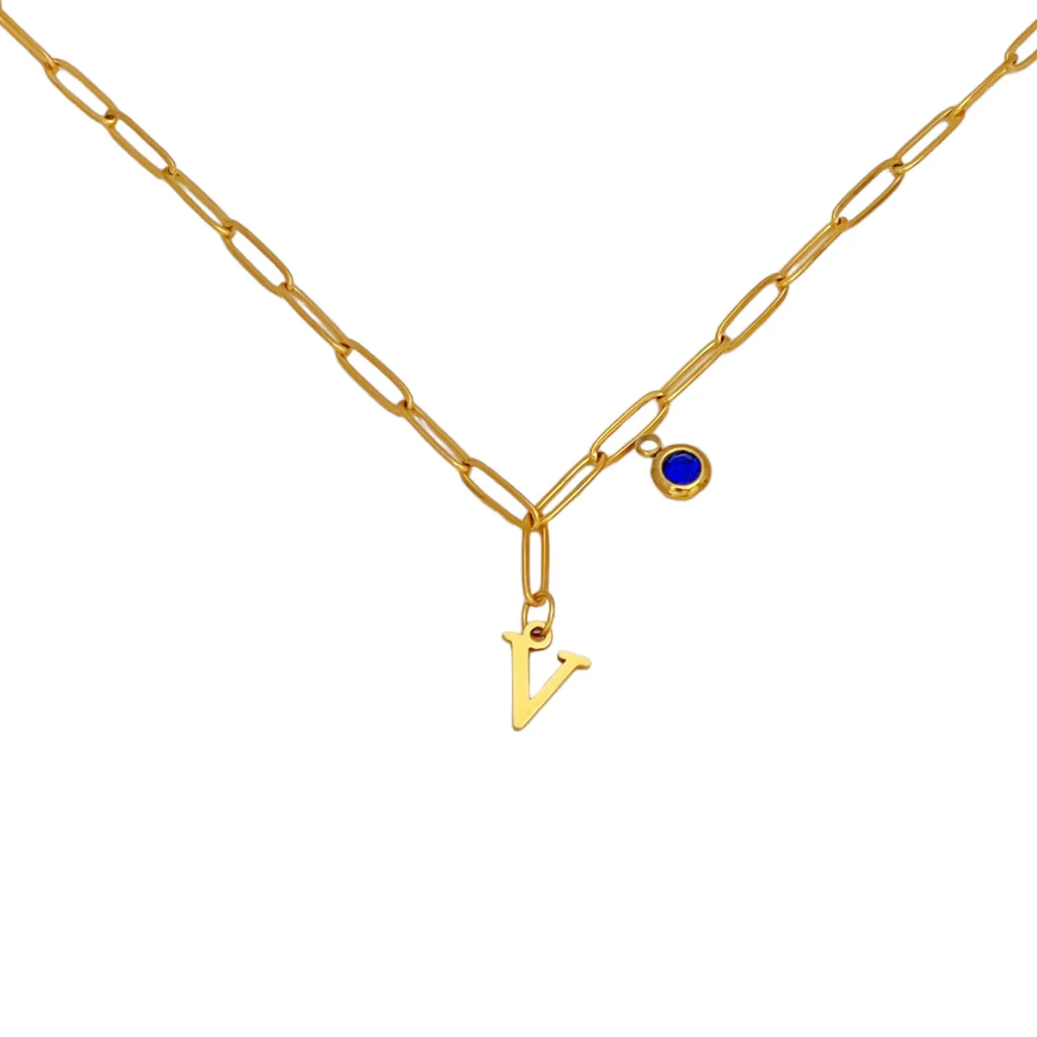 Alphabet Birthstone Paperclip Necklace Gold (V-Z)