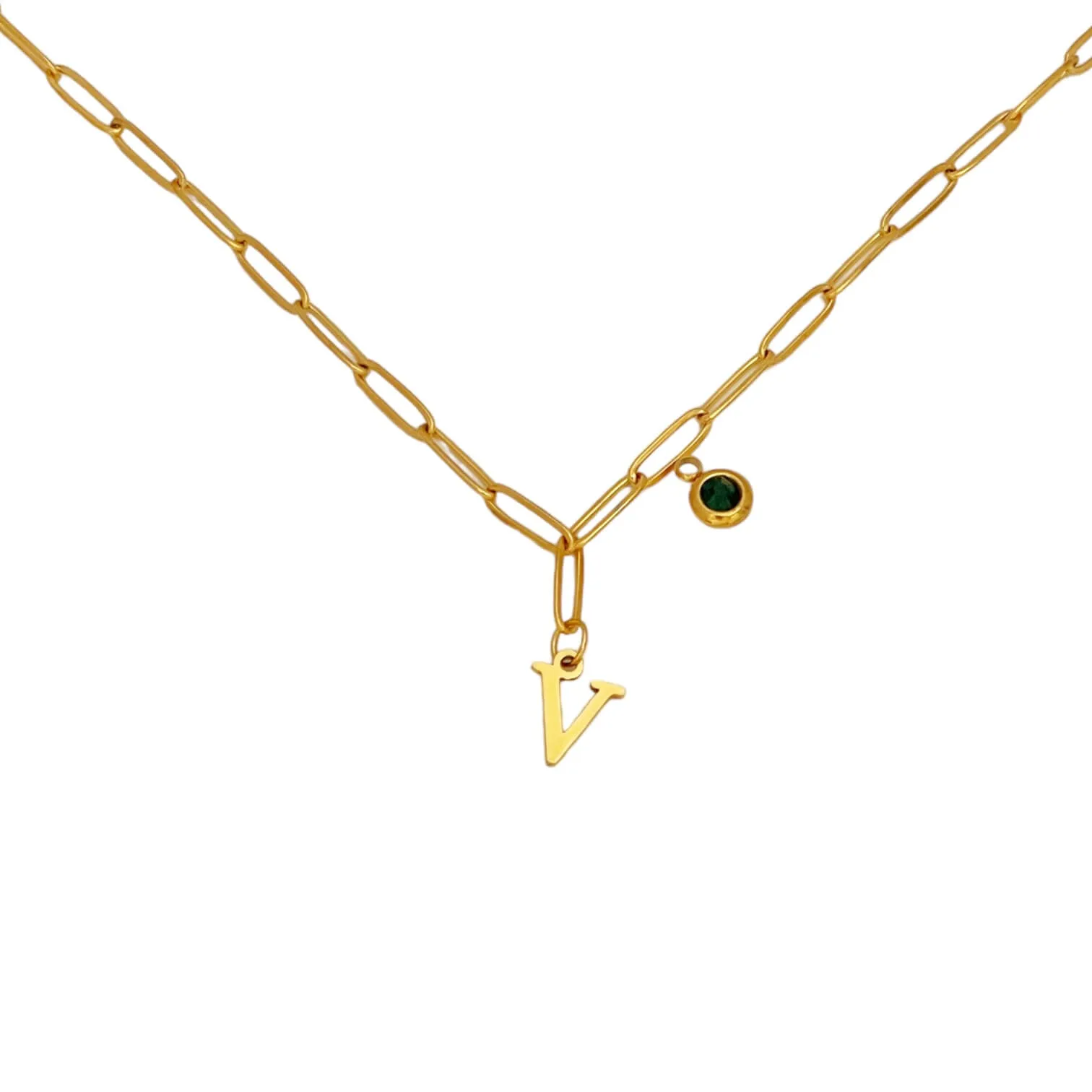 Alphabet Birthstone Paperclip Necklace Gold (V-Z)