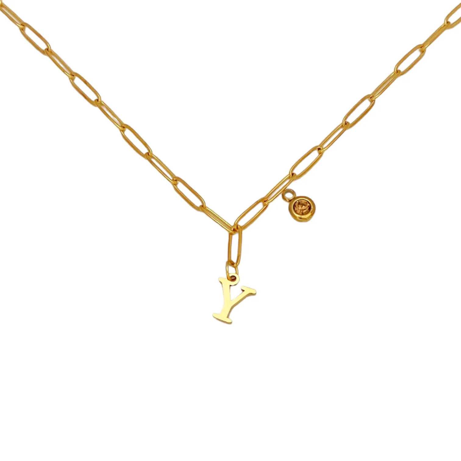 Alphabet Birthstone Paperclip Necklace Gold (V-Z)