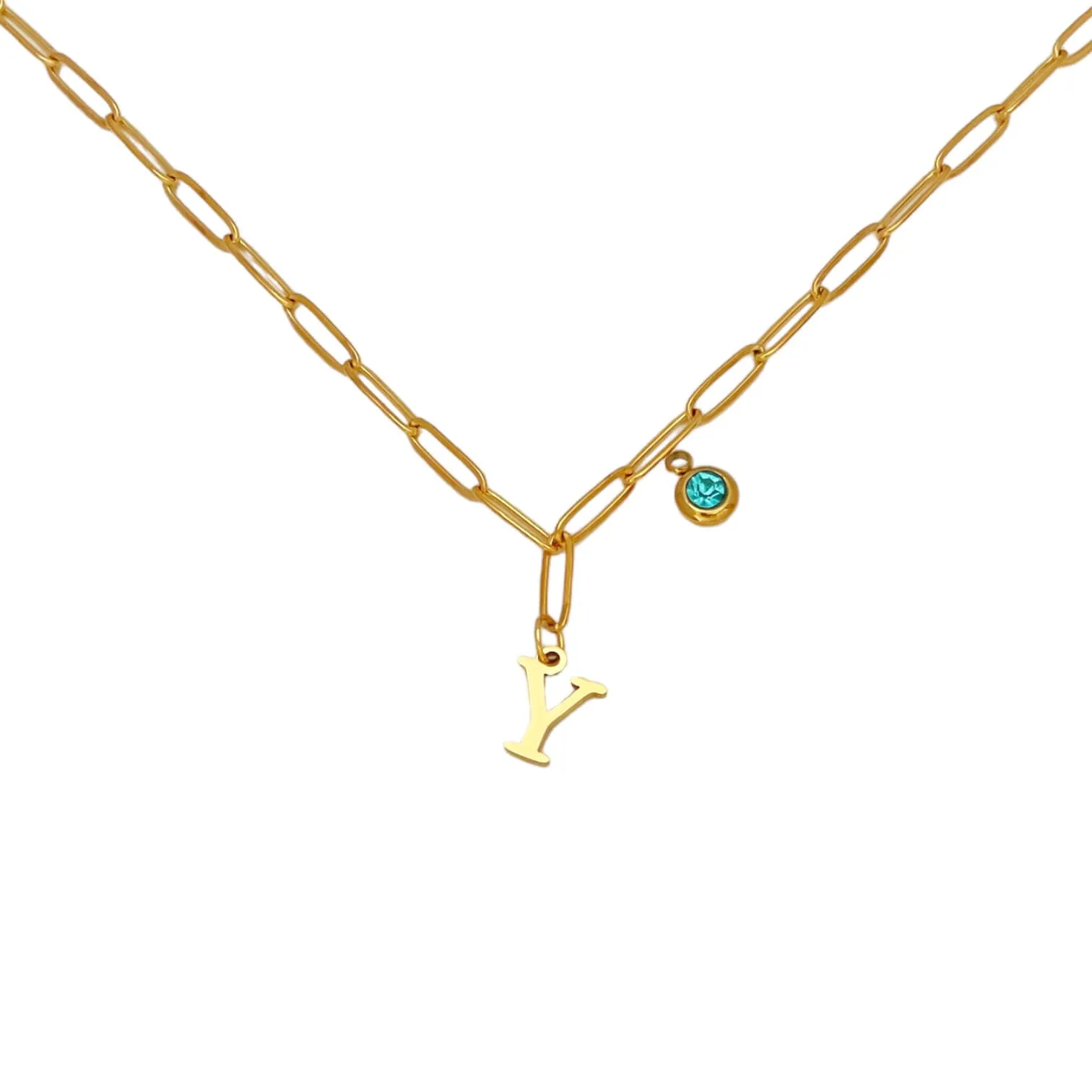 Alphabet Birthstone Paperclip Necklace Gold (V-Z)