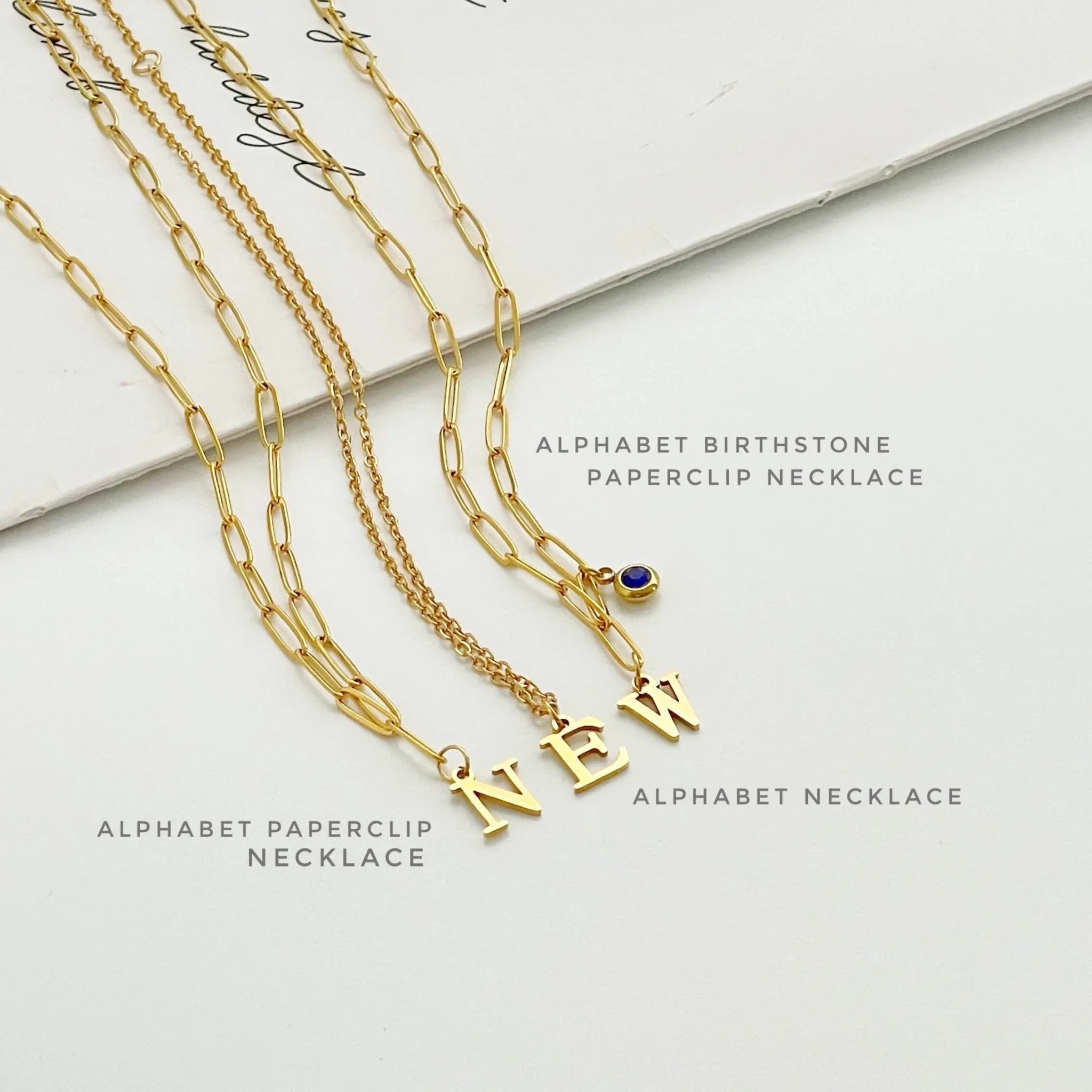 Alphabet Birthstone Paperclip Necklace Gold (V-Z)