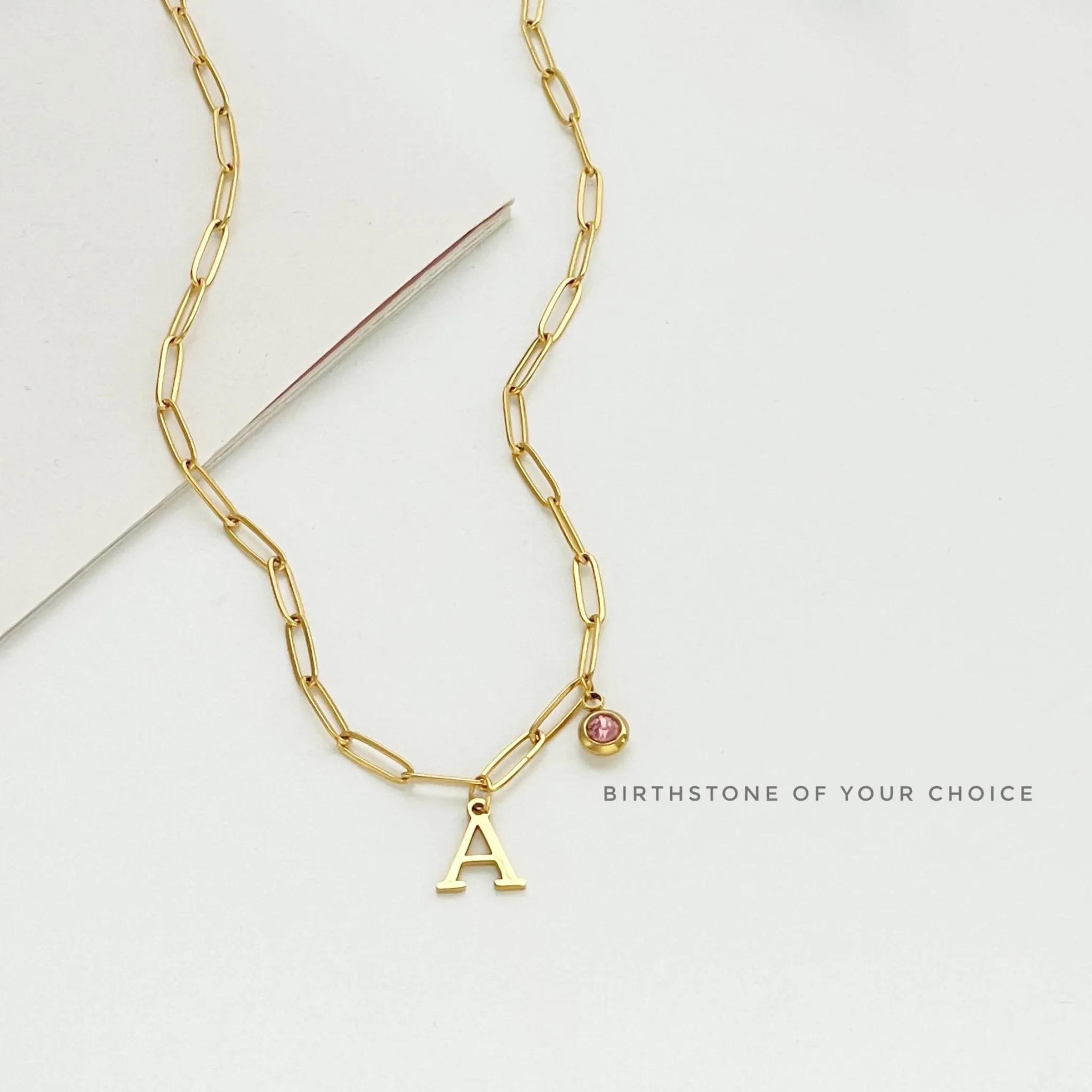 Alphabet Birthstone Paperclip Necklace Gold (V-Z)