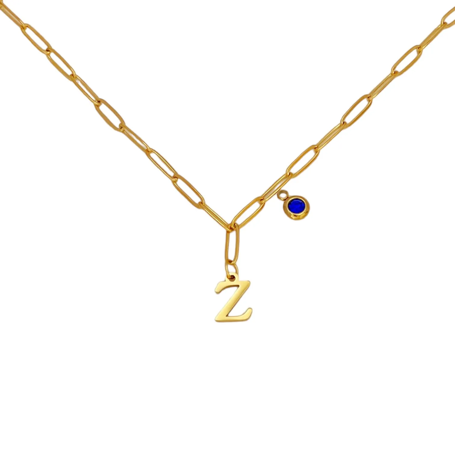 Alphabet Birthstone Paperclip Necklace Gold (V-Z)