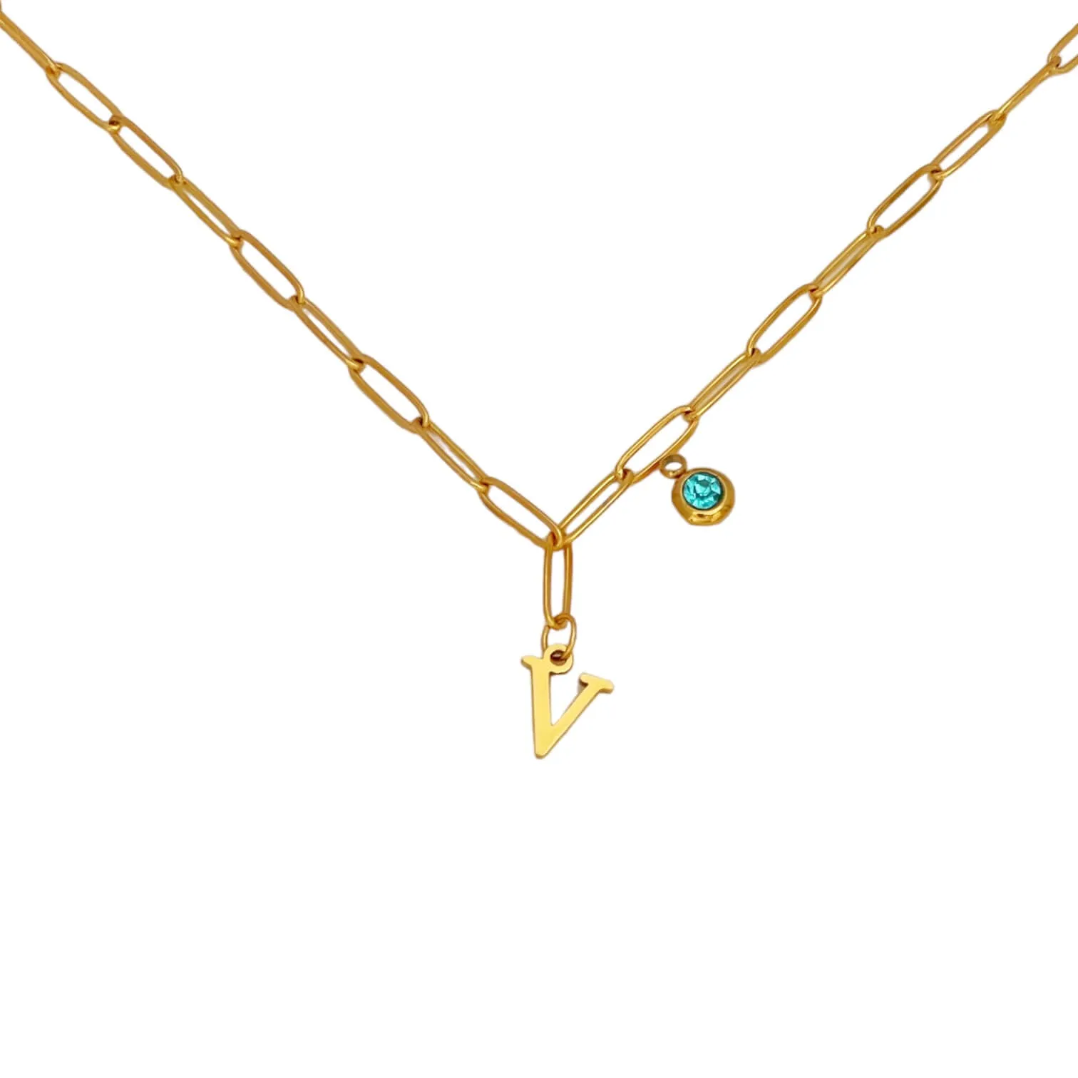 Alphabet Birthstone Paperclip Necklace Gold (V-Z)