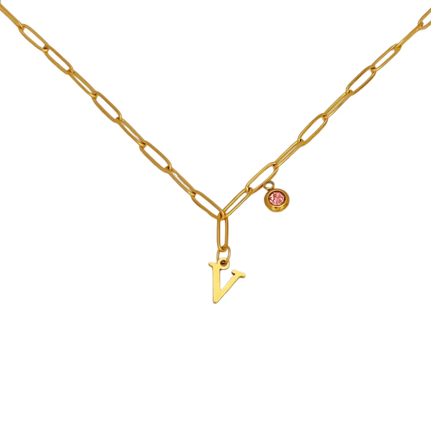 Alphabet Birthstone Paperclip Necklace Gold (V-Z)