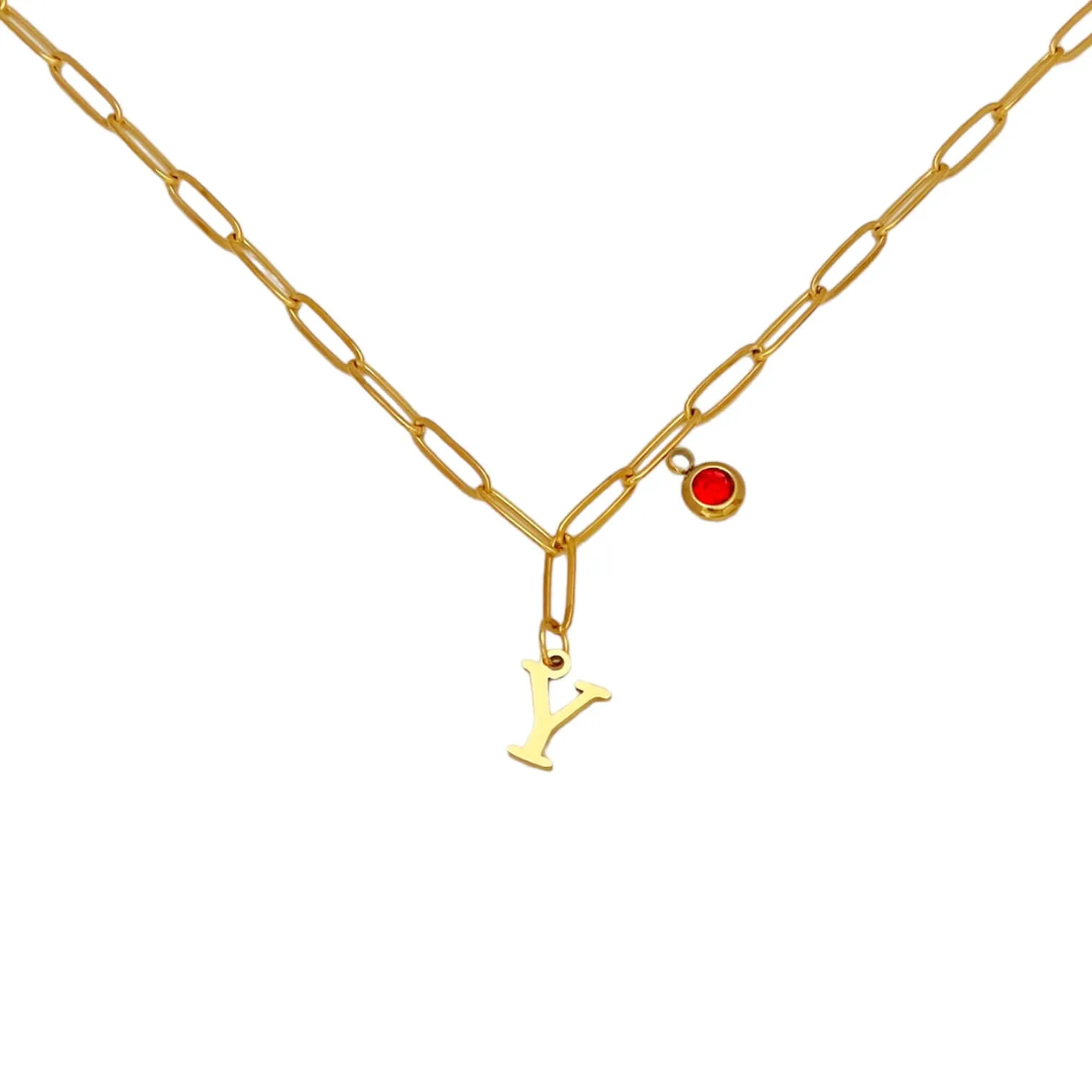 Alphabet Birthstone Paperclip Necklace Gold (V-Z)