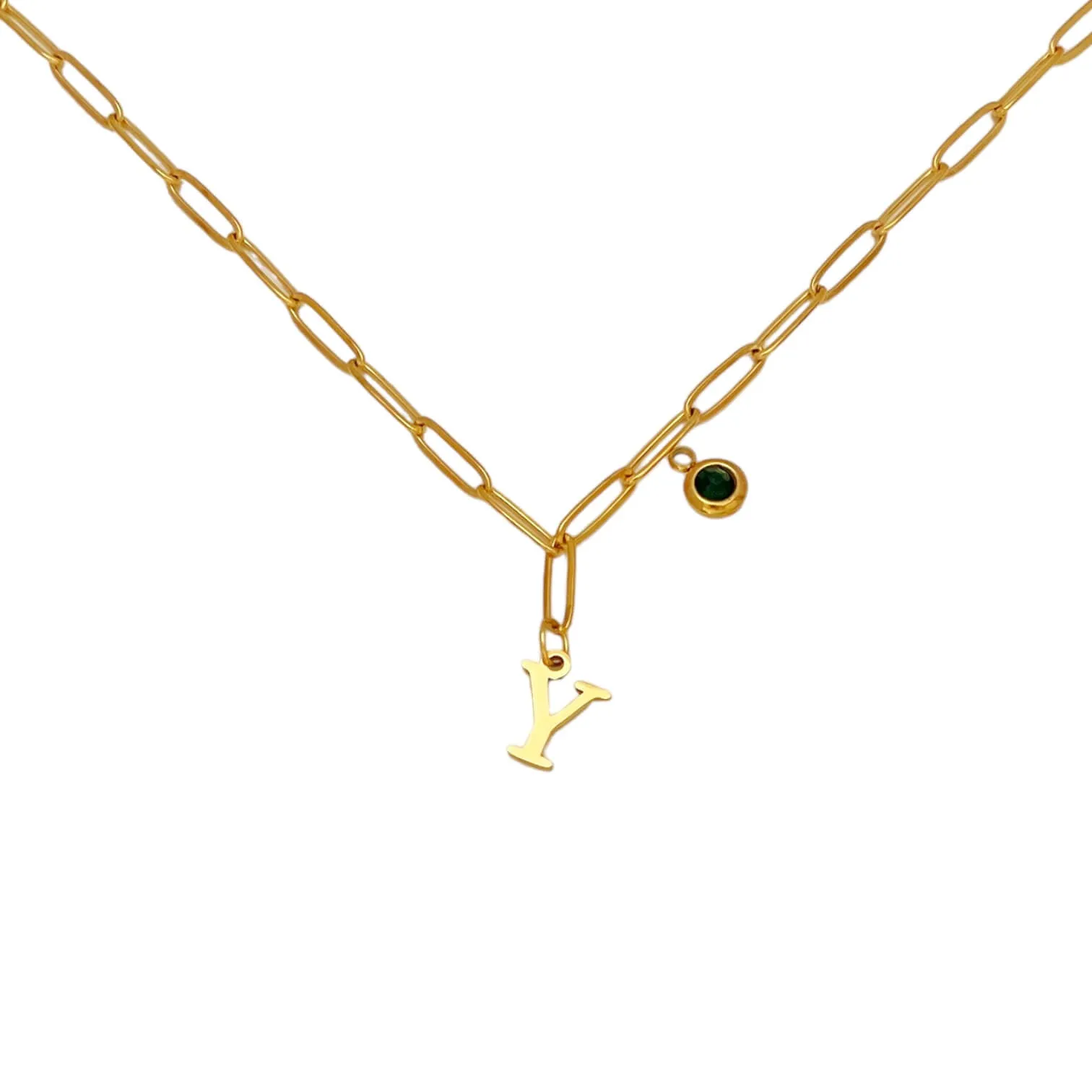 Alphabet Birthstone Paperclip Necklace Gold (V-Z)