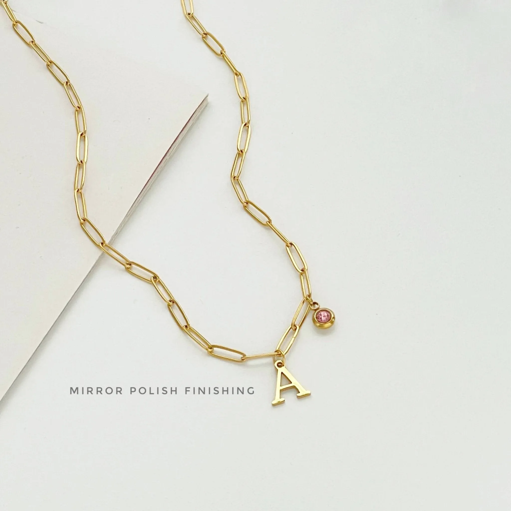 Alphabet Birthstone Paperclip Necklace Gold (V-Z)