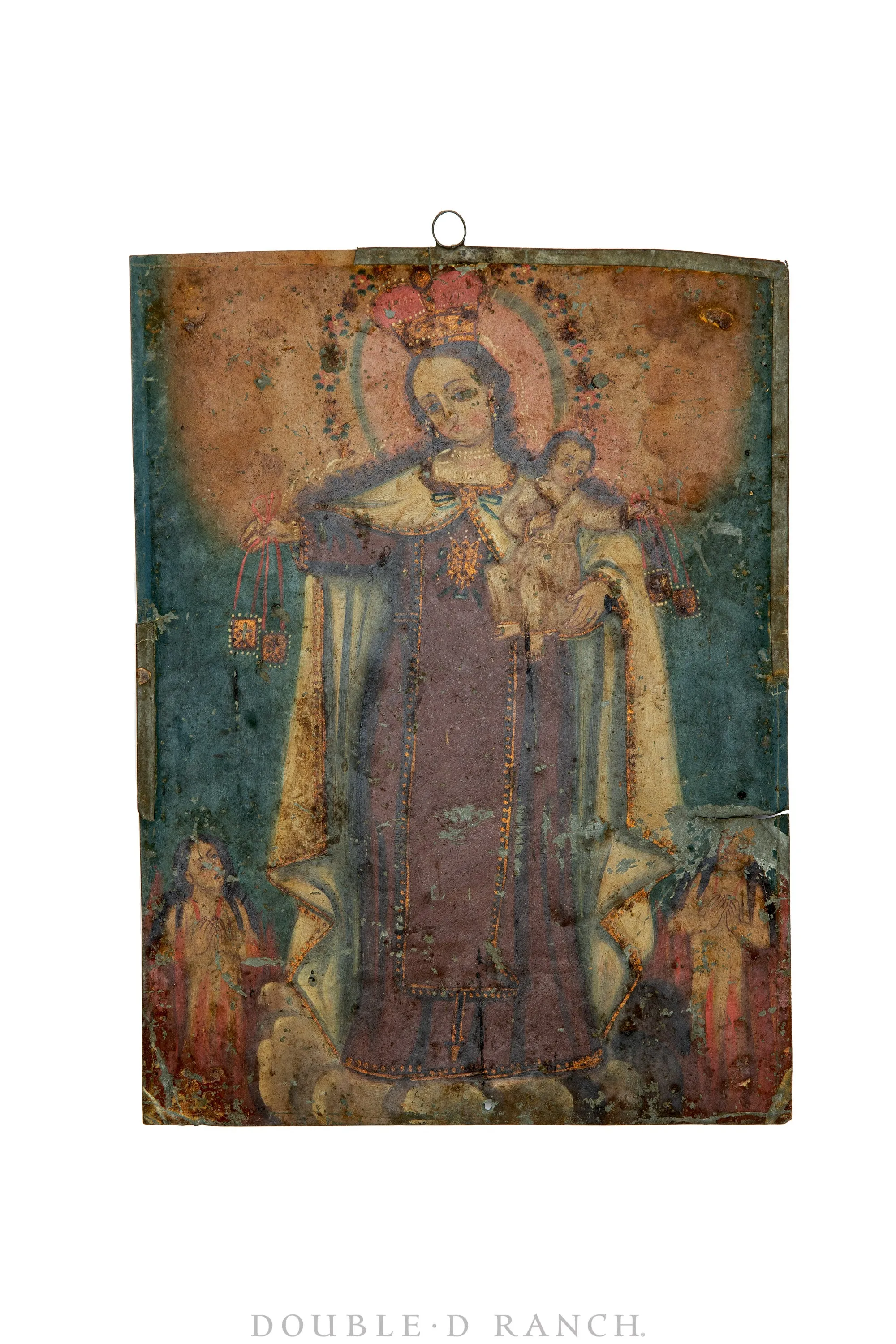 Art,  Folk, Retablo, Virgin Mary & Christ Child, Nuestra Seora del Monte Carmelo, Sotheby's Label, Vintage, Estate, 1122