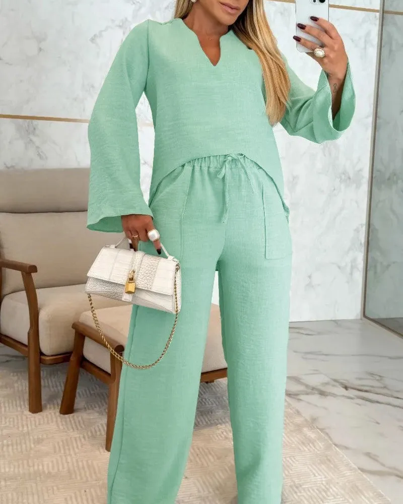 Asymmetrical Hem Notch Neck Top & Drawstring Straight Leg Pants Set