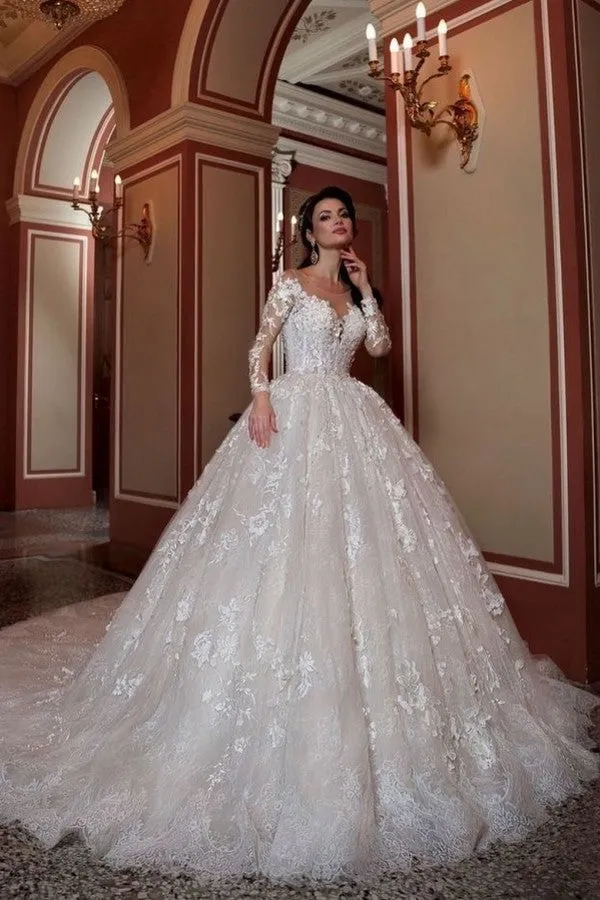 Attractive Long A-Line Bateau Beading Appliques Lace Train Wedding Dress with Sleeves