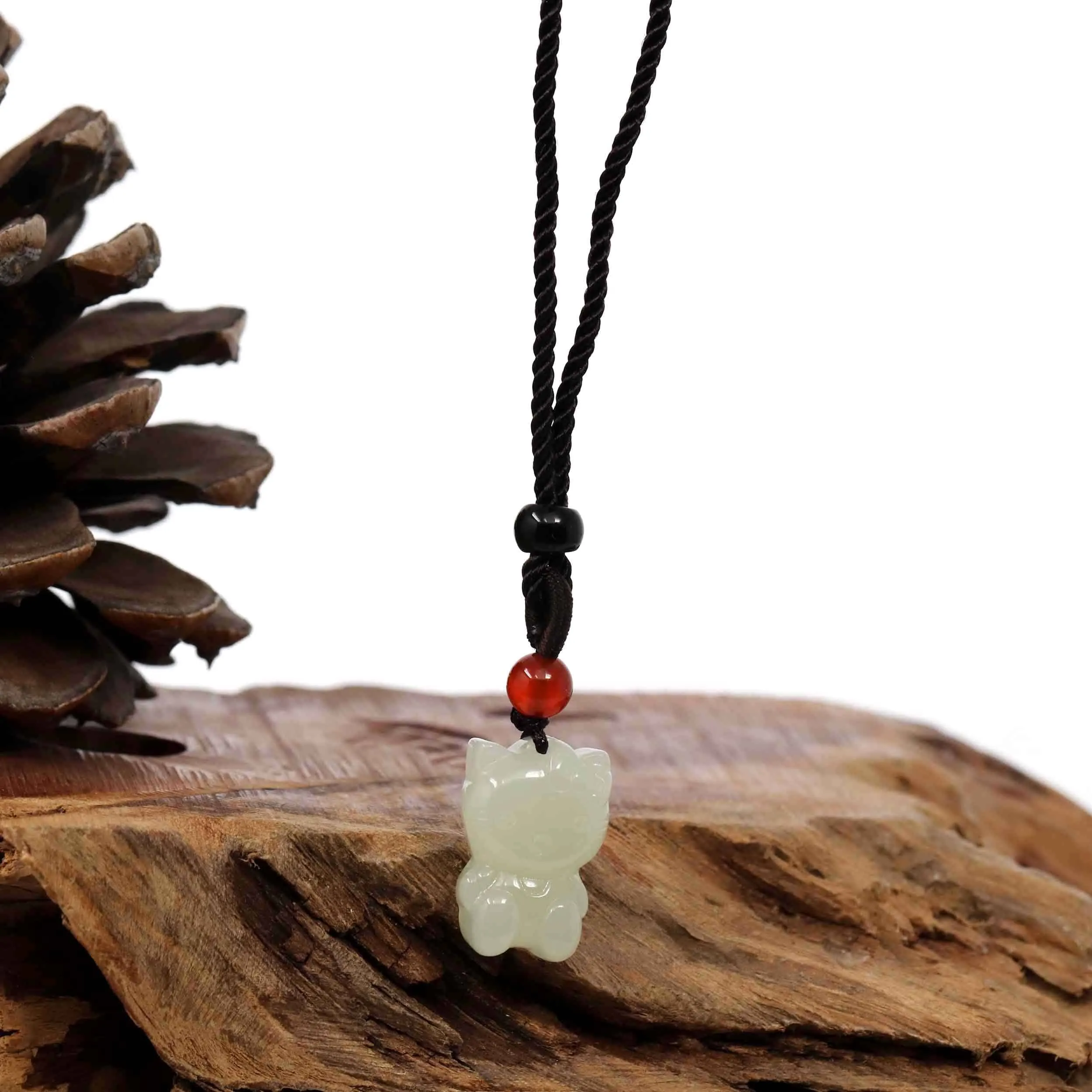 Baikalla "Lucky Kitten" White Nephrite Jade Pendant Necklace