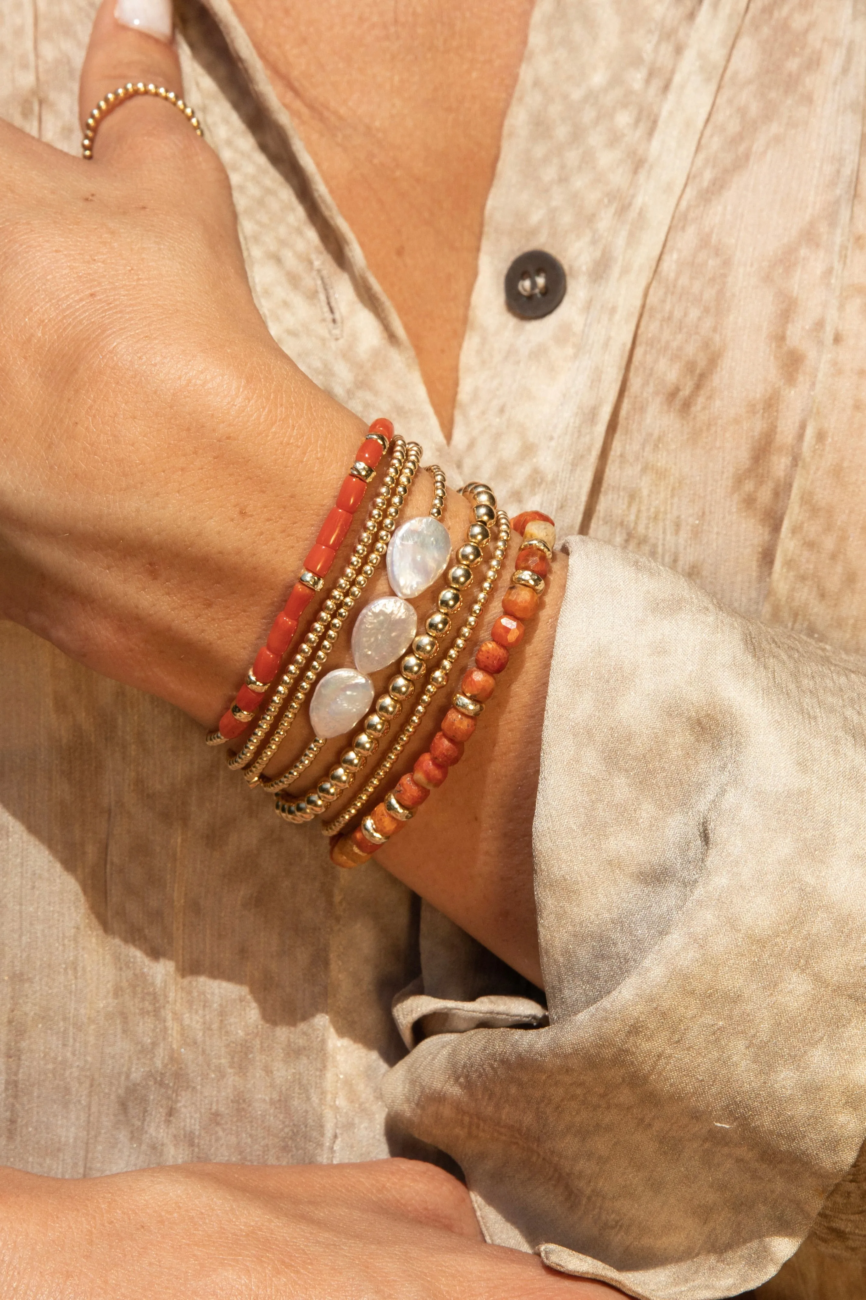 Barrel Coral and Hammered Rondelle Pattern Bracelet