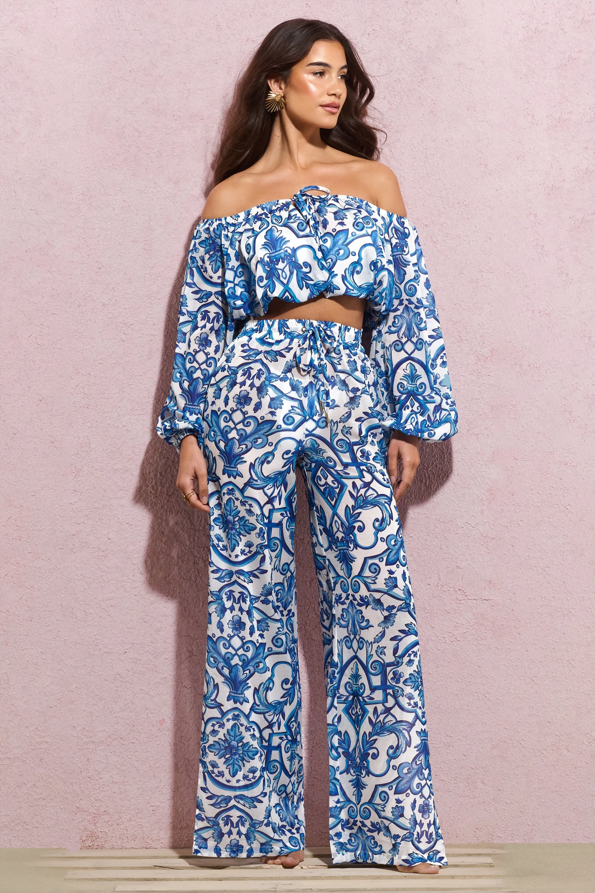 Bea | Blue Porcelain Print Chiffon Split Wide-Leg Trousers