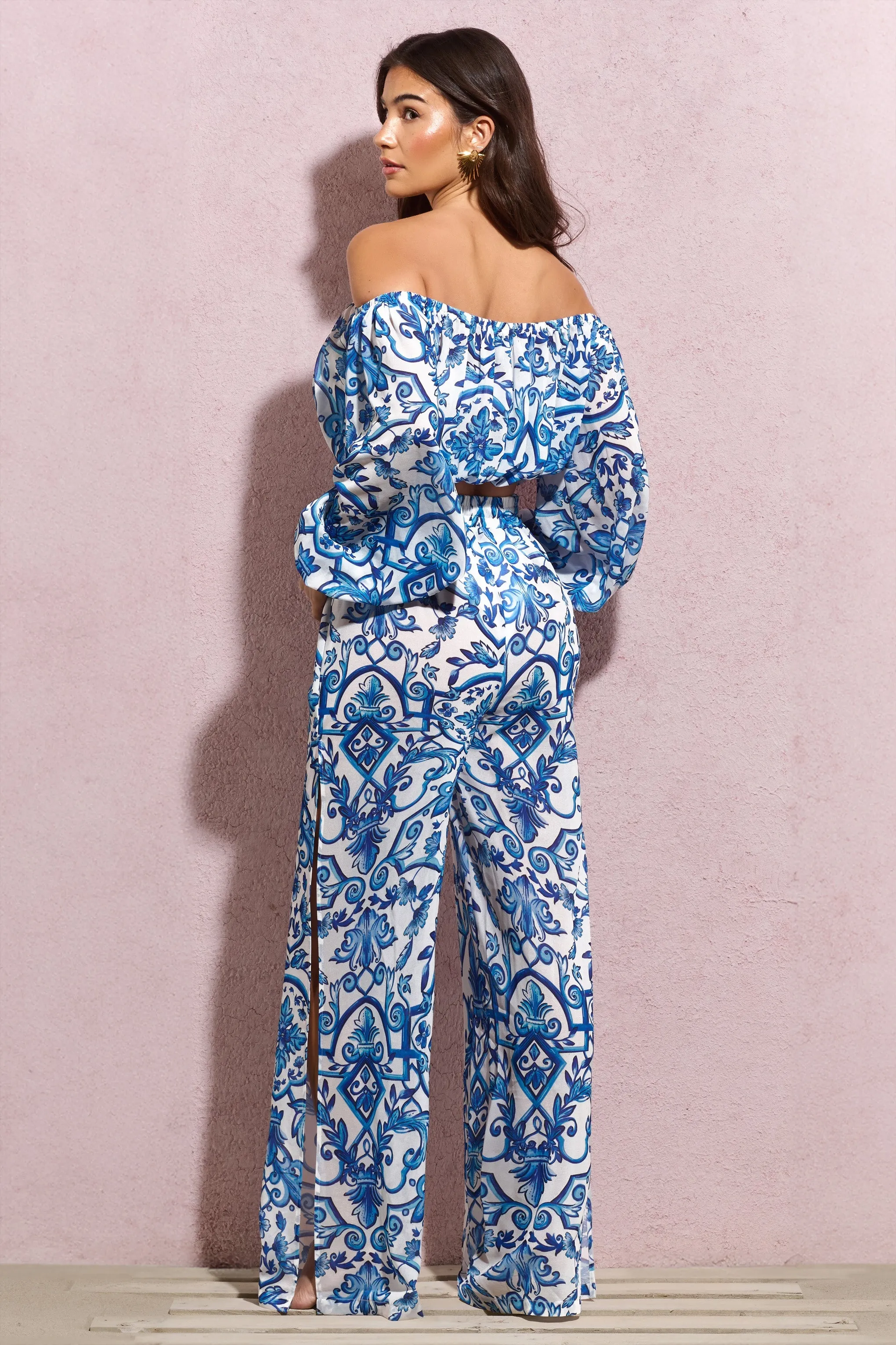 Bea | Blue Porcelain Print Chiffon Split Wide-Leg Trousers