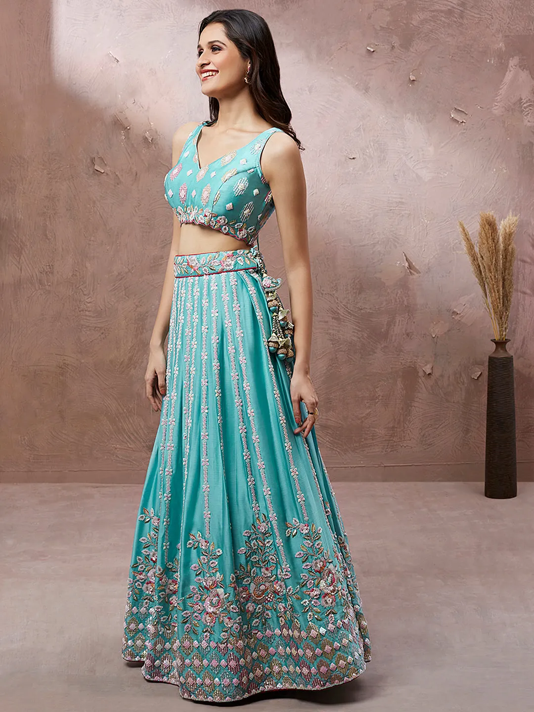 BEAUTIFUL MULTICOLOUR DESIGNER LEHENGA CHOLI SET - RENT